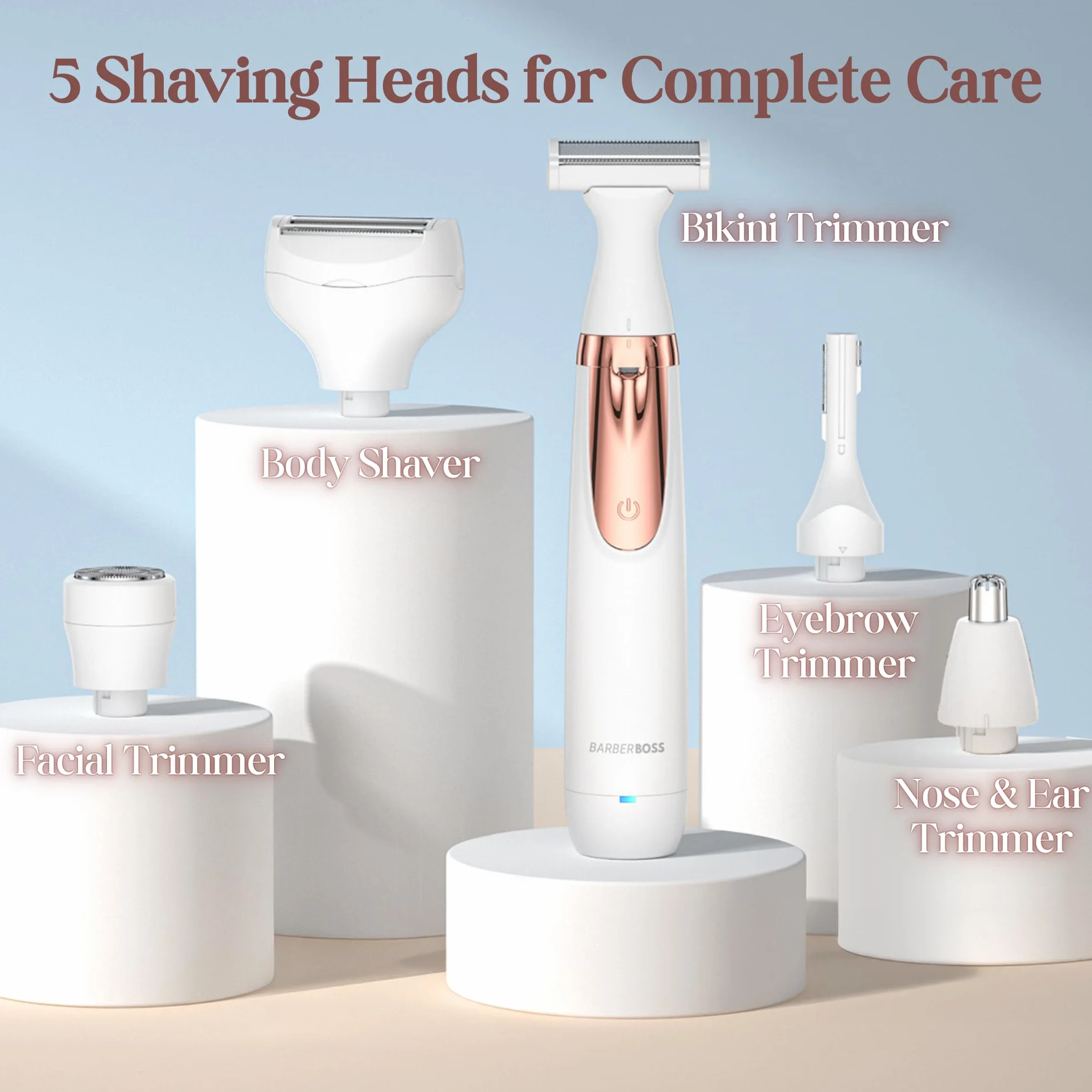 BarberBoss Rasoio elettrico donna 5 in 1, Kit epilazione ricaricabile, Rasoio per donna per corpo, bikini, viso, naso e sopracciglia, Rasoi donna senza fili Wet & Dry, Epilatore per viso, QR-8005