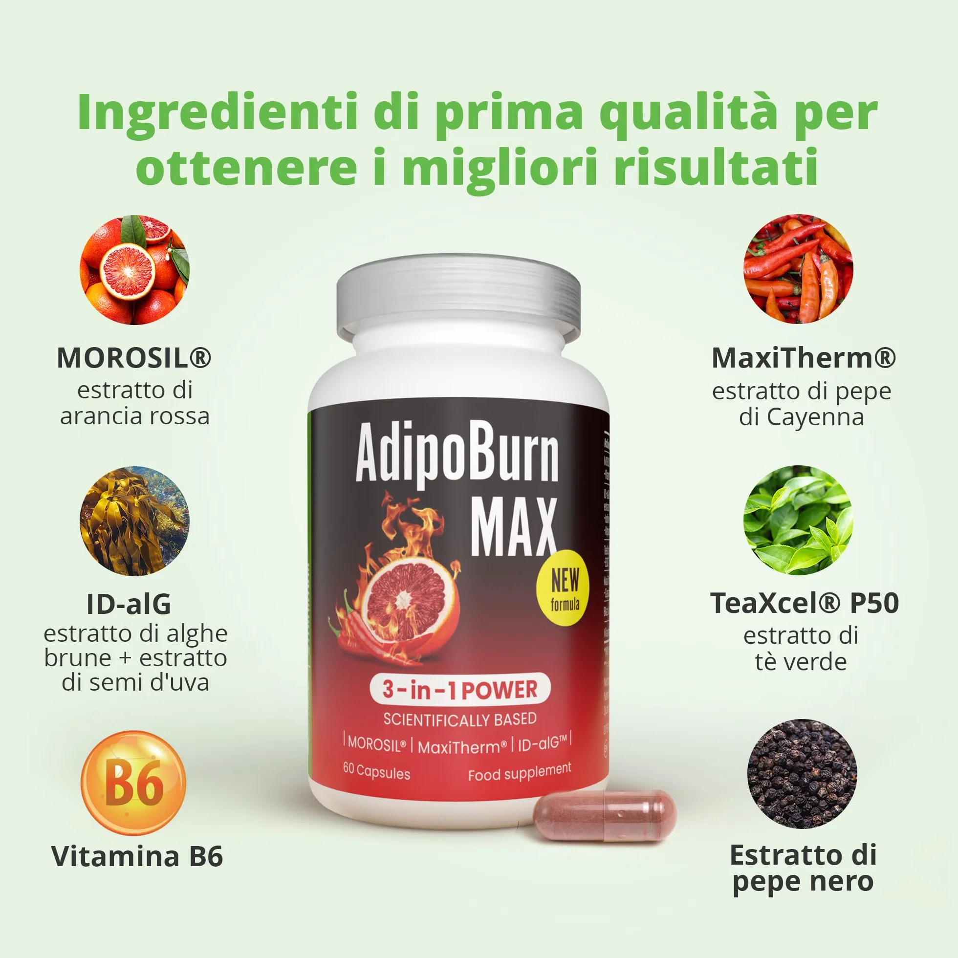 Morosil 400 mg, Alga bruna, Vitamina C, Iodio, Tè verde, Pepe di cayenna, Vitamina B6 - Slimmium AdipoBurn MAX, 60 capsule di Sensilab