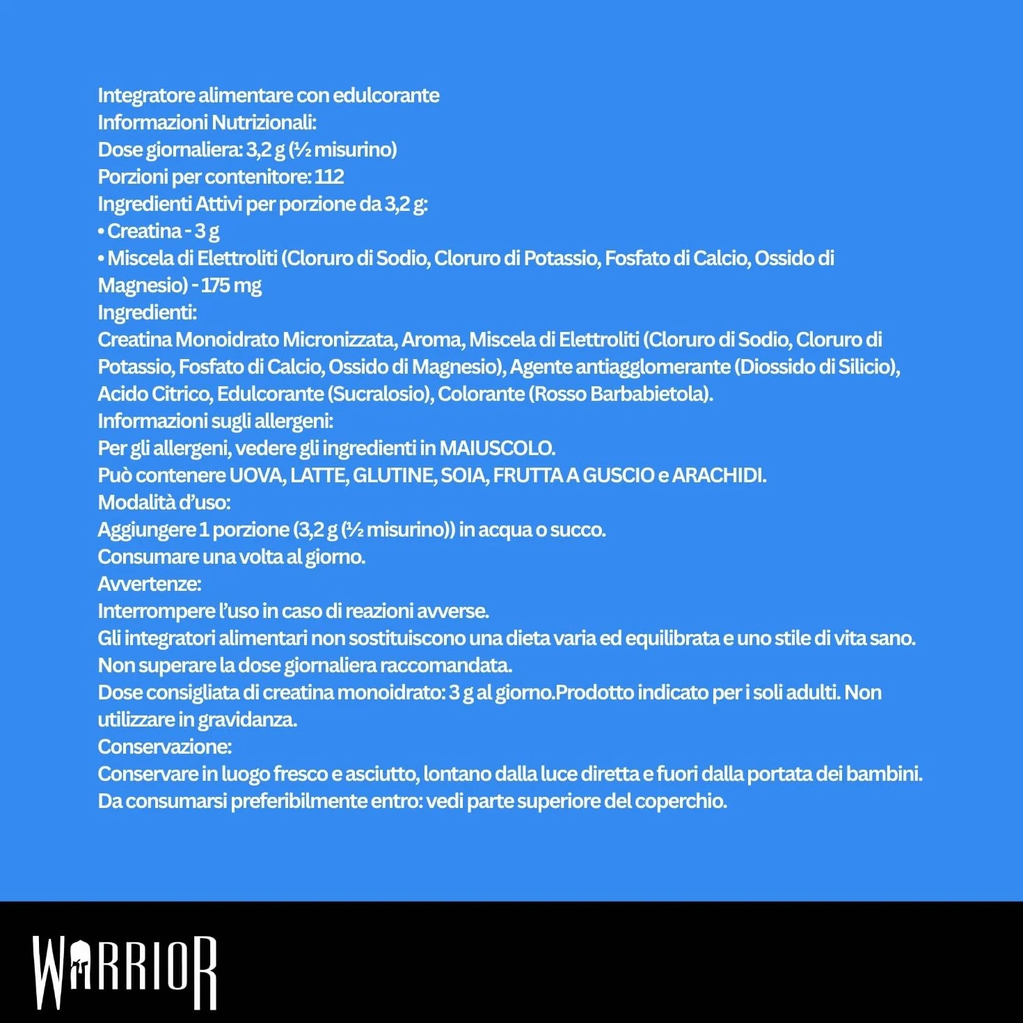 Warrior Creatina Monoidrata + Elettroliti Polvere 360 g, 80 Porzioni – Creatina in Polvere con Sali Minerali, Intra Workout per Massa, Idratazione e Sport, Senza Zucchero – Mix di Frutti di Bosco