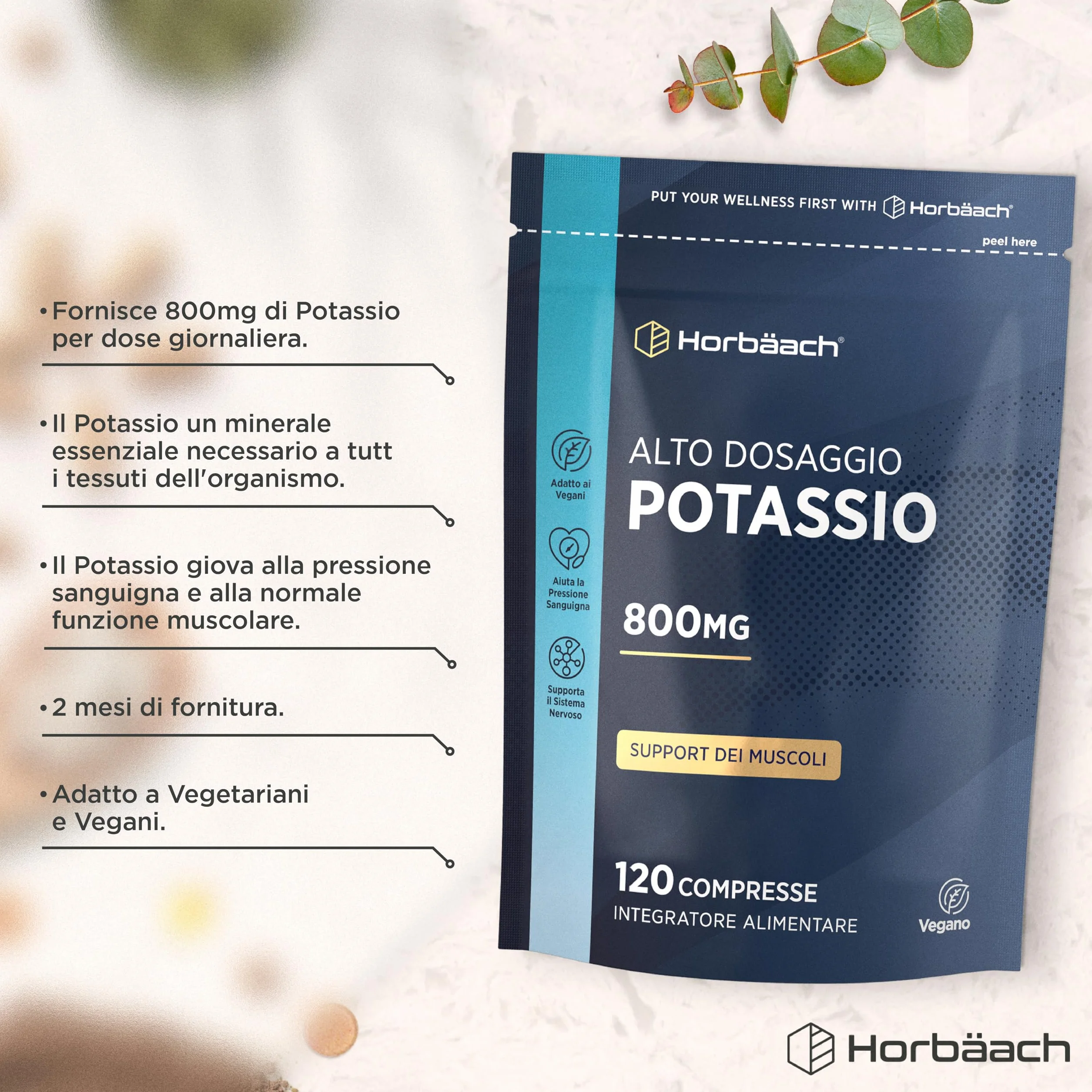 Potassio Integratore 800mg | 120 Compresse Vegane | ad Alto Dosaggio | Potassium | Horbaach