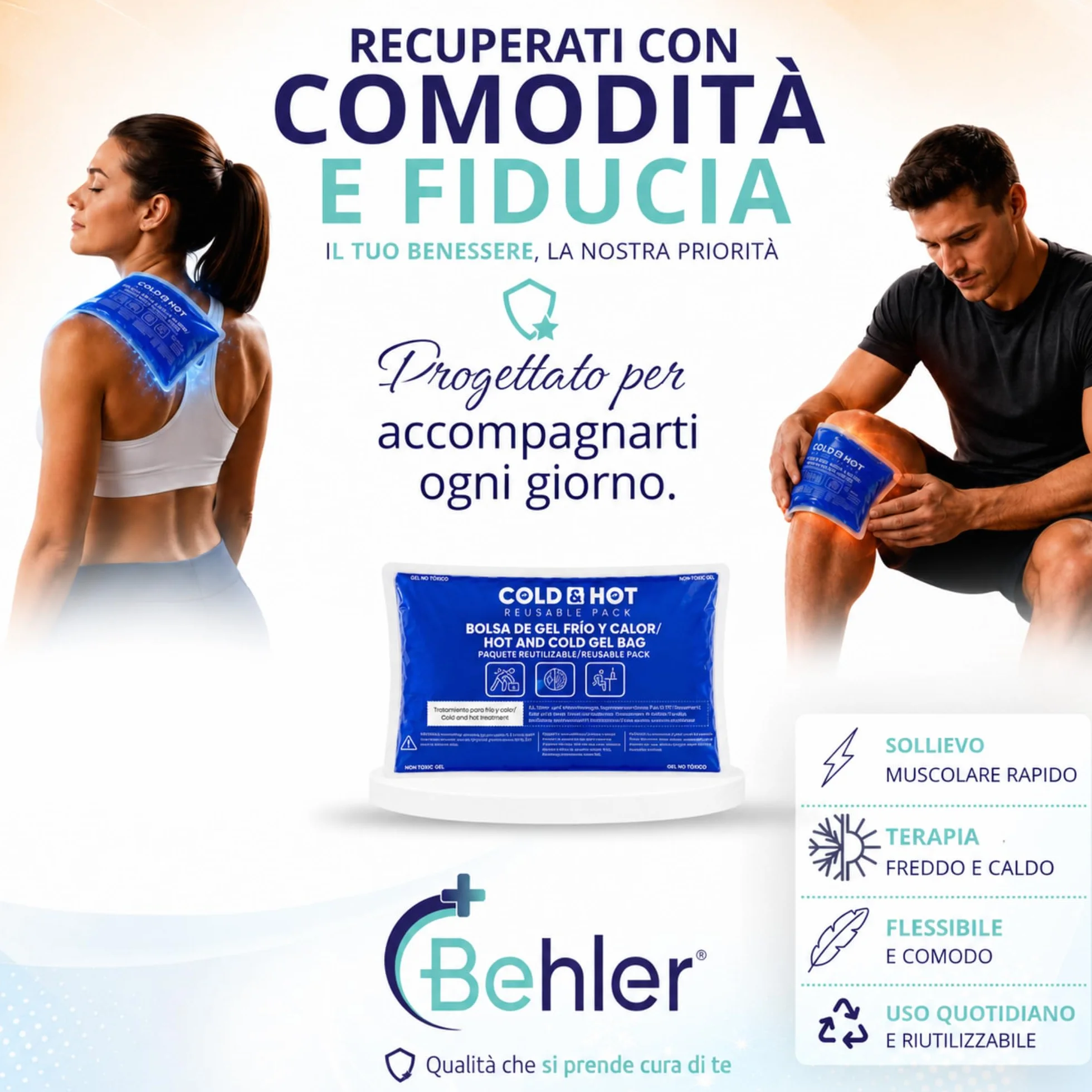 Ghiaccio Gel Riutilizzabile (26 x 15 cm) Compressa Fredda Calda Multifunzione per Terapie Dolori Muscolari Febbre Lesioni Sportive