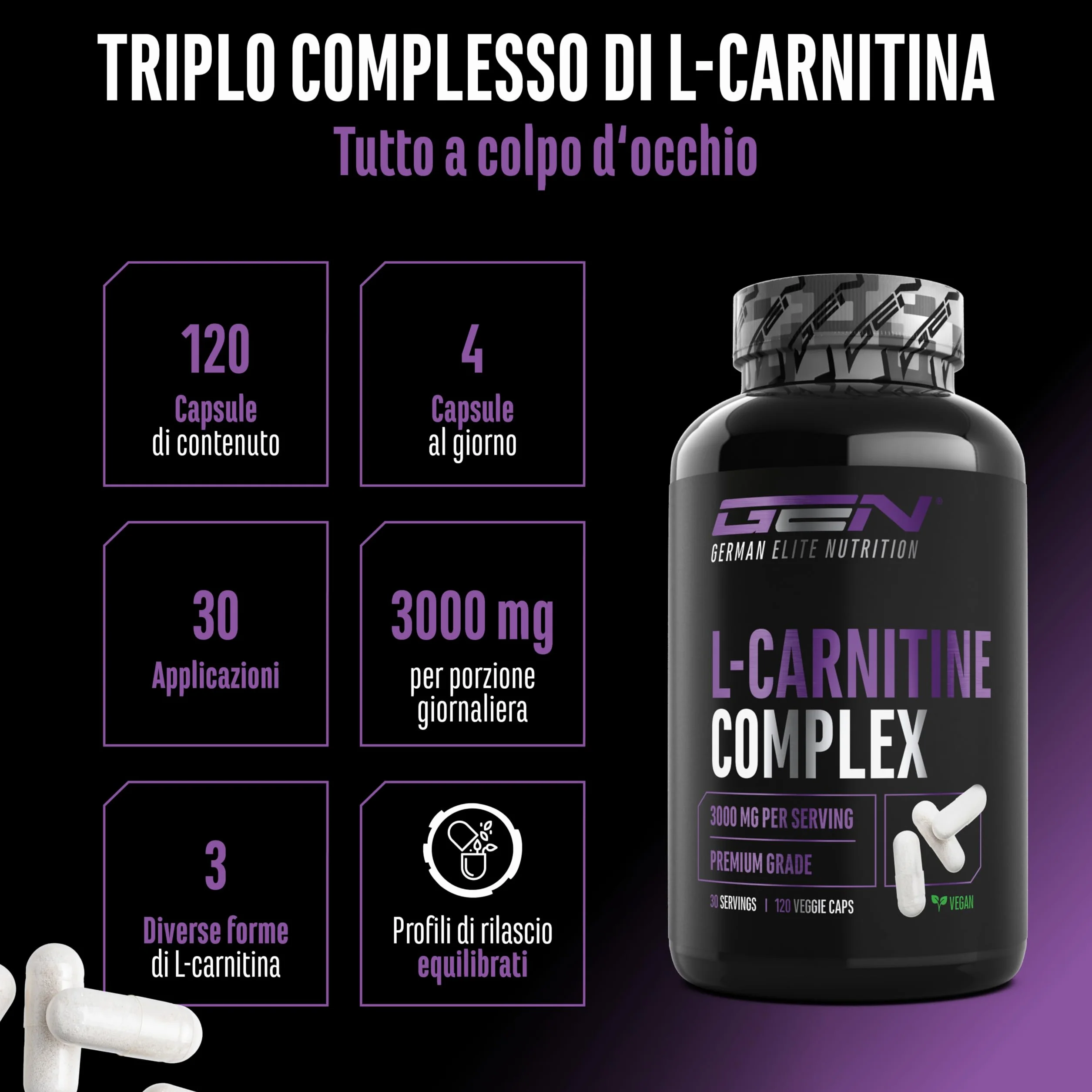 L-Carnitina Triplo Complesso 3000 mg per porzione giornaliera 120 capsule ad alto dosaggio vegano formula premium
