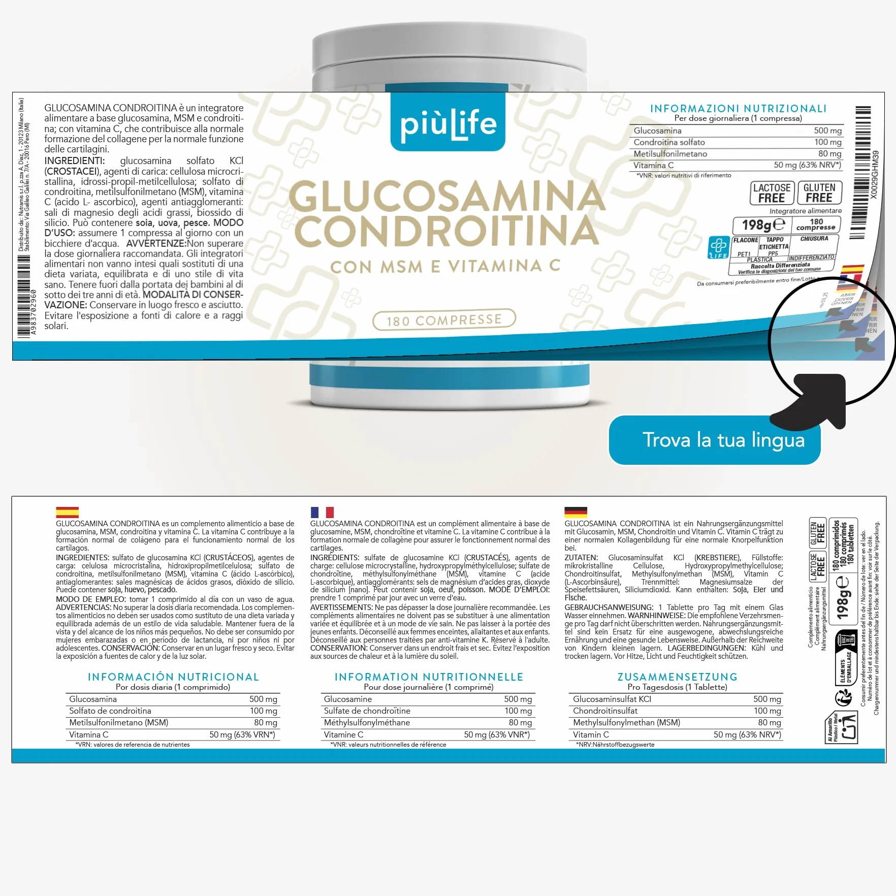 Glucosamina Condroitina Msm 730mg per Compressa PiùLife, Integratore Articolazioni e Cartilagine ginocchio, Complex Condroitina Glucosamina Alto Dosaggio con Vitamina C per il Collagene