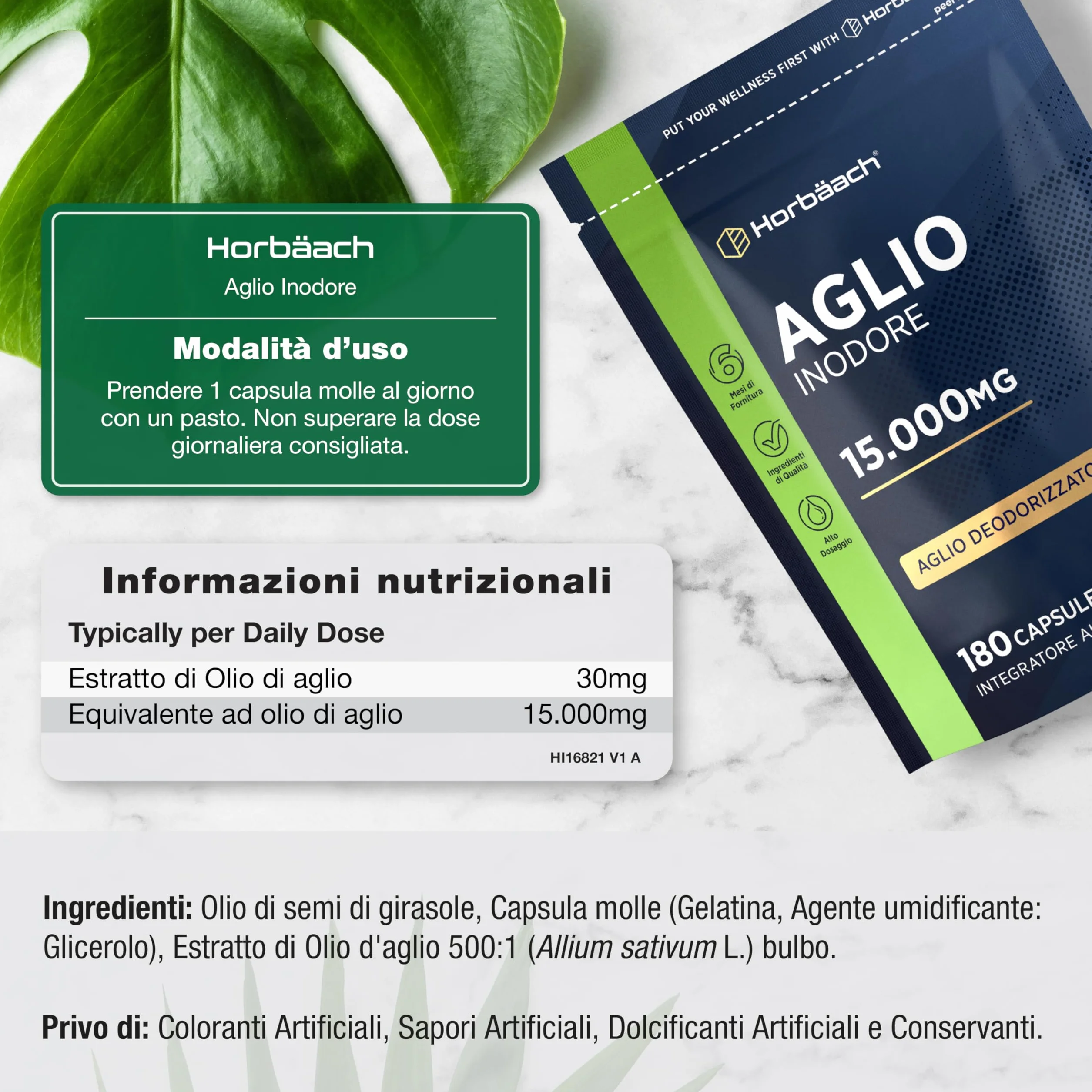 Aglio Capsule Inodore 15000mg | 180 Capsule Molli per 6 Mesi | Estratto di Aglio Deodorizzato ad Alto Dosaggio | Ricavato da Allium Sativum | Odorless Garlic Softgels | by Horbaach