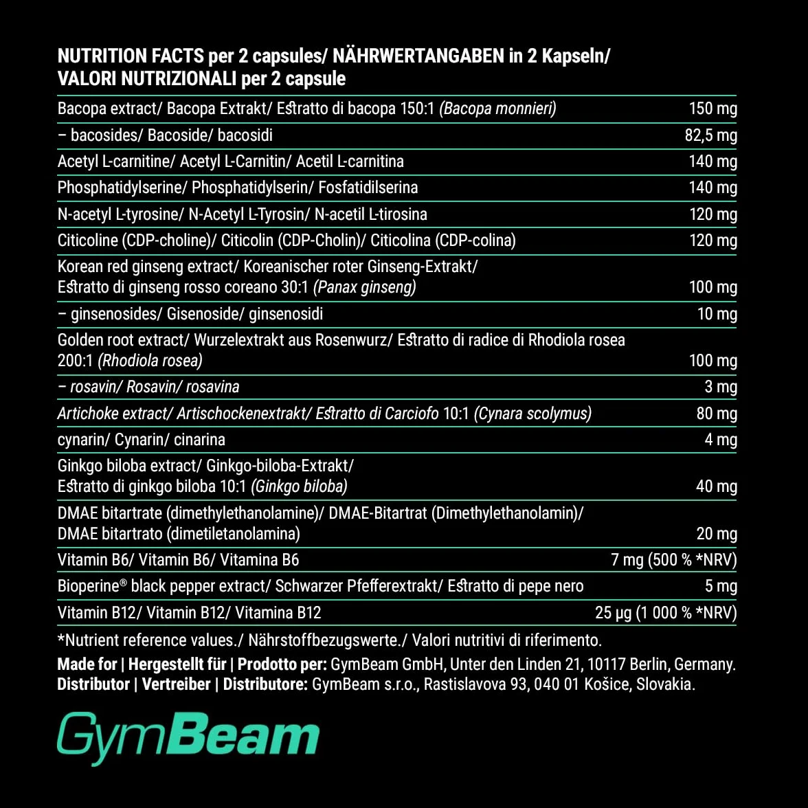 GymBeam FueBrain Nootropic - complesso con Ginkgo Biloba per sostenere le prestazioni mentali e la concentrazione, migliorare la memoria e le funzioni cognitive