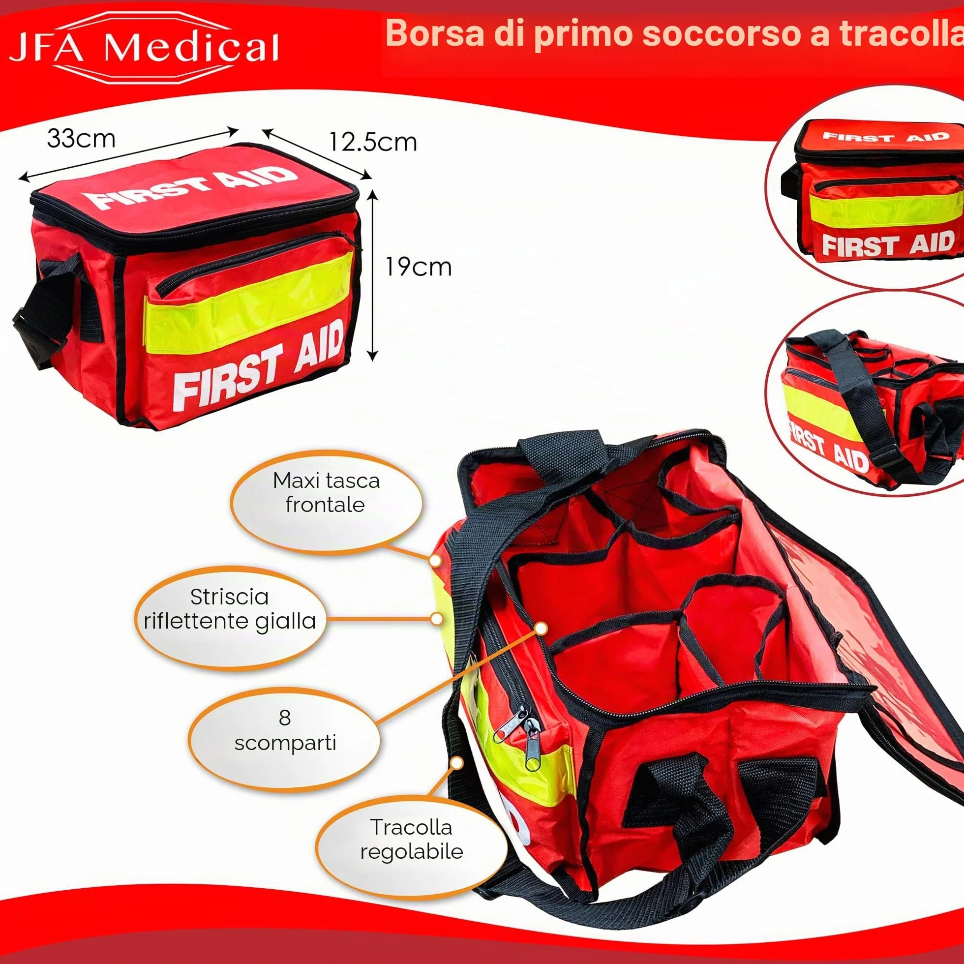 JFA Medical Zaino Rosso Pronto Soccorso Emergenza con Tasca Frontale Vuoto