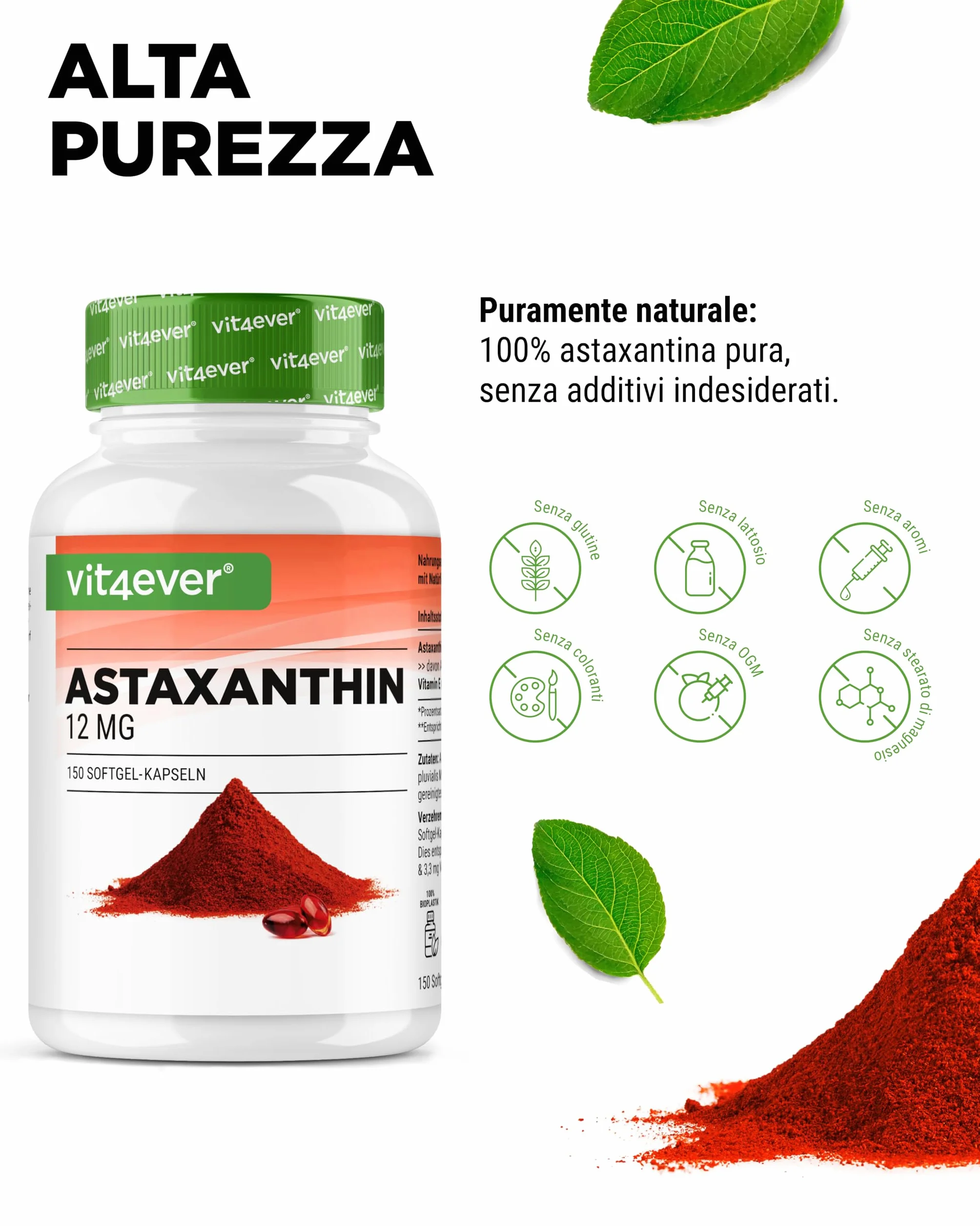 Astaxantina 12 mg 150 capsule softgel - Premium da Haematococcus pluvialis con vitamina E e olio d'oliva