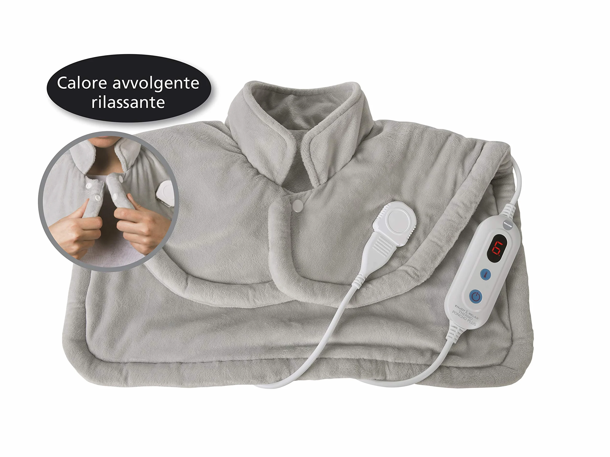 MACOM Termoforo Cervicale – Riscaldamento Ultrarapido con 6 Temperature, Tessuto Morbidissimo – Enjoy & Relax 935 Thermo Poncho Plus