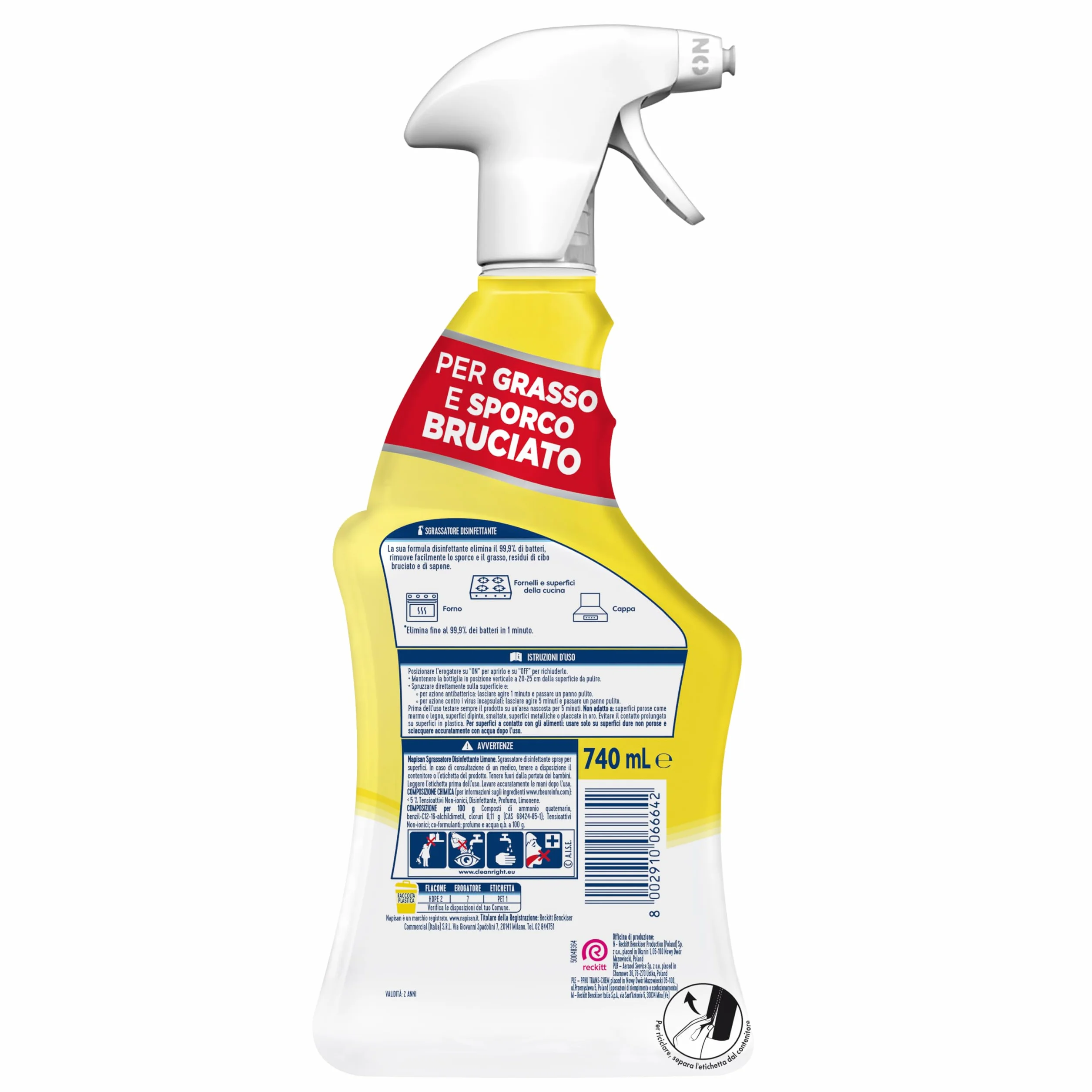 Napisan Spray Sgrassatore Disinfettante al Limone, Confezione da 12 x 740 ml
