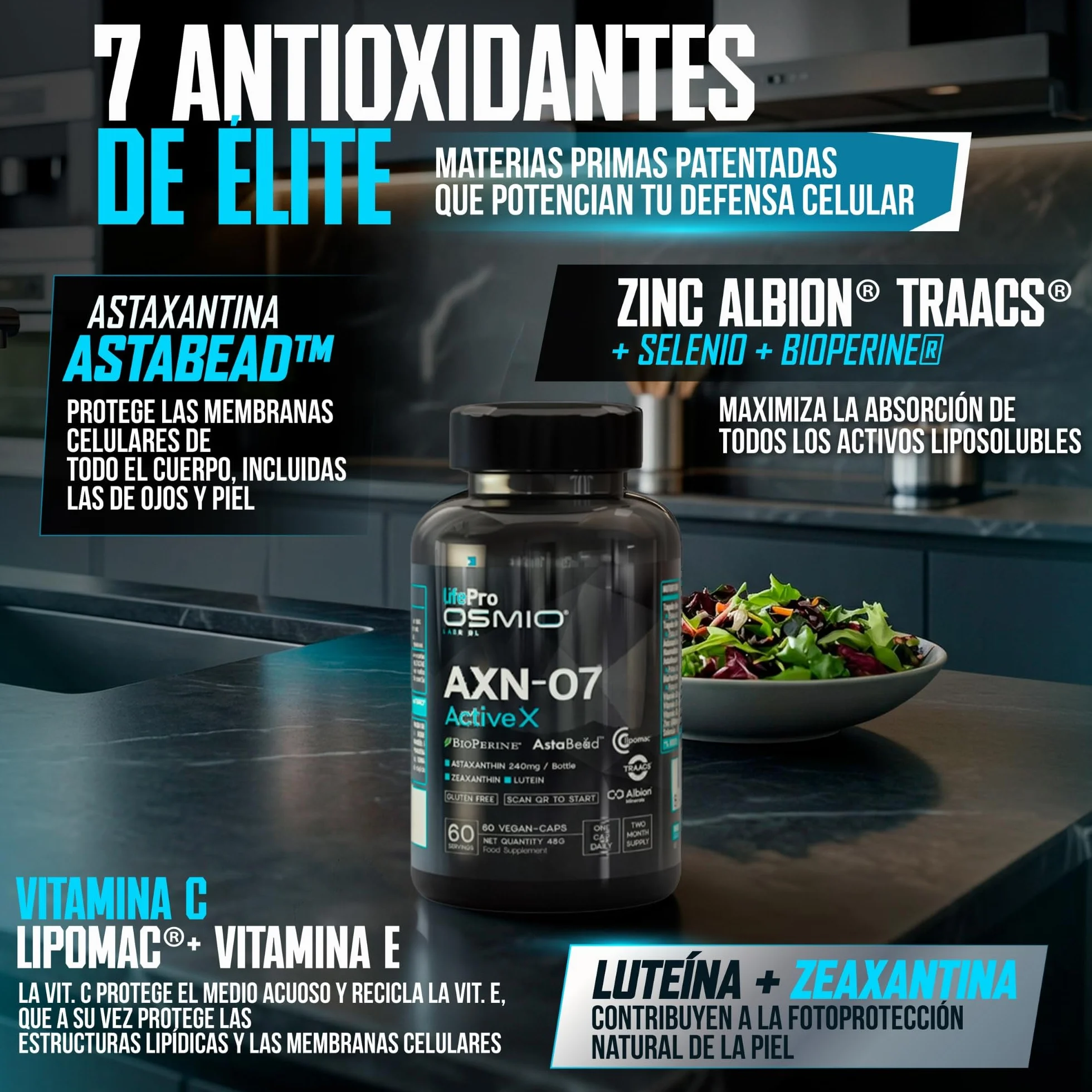 Life Pro Osmium Astaxanthin AXN-07-60 Integratore di Astaxantina con Luteina, Zeaxantina, Vitamine e Minerali Vegano