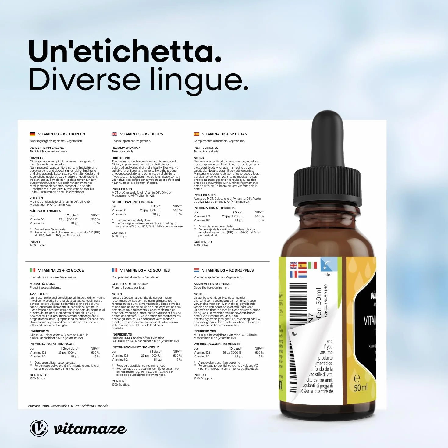 Vitamina D3 + K2 Gocce, 1000 UI ad Alta Dose, Vegetariano & Liquido (99,7+% All-Trans MK-7), 50 ml (1700 Gocce), Elevata Biodisponibilità, Nessun Additivo Inutile, Vitamaze