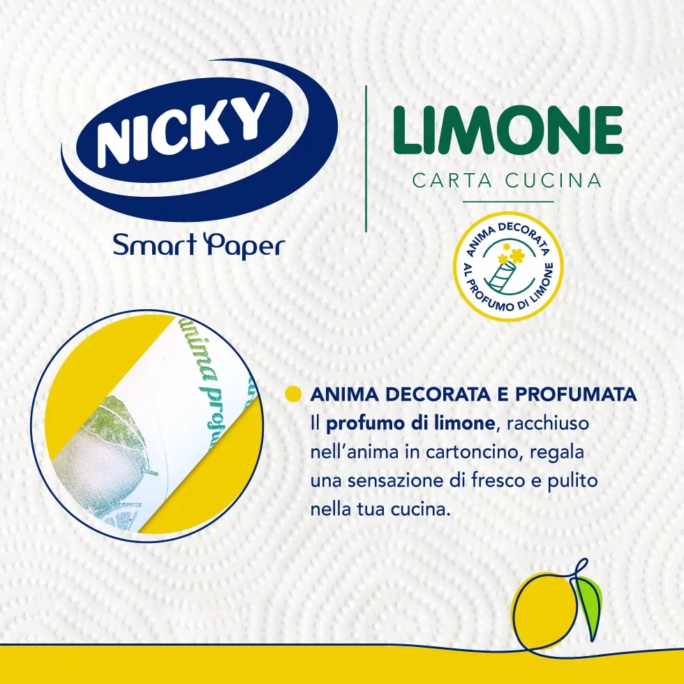 Nicky Limone Carta Cucina 2 Rotoli 100 Fogli Assorbenti 2 Veli Spessa Resistente Fresco Profumo Limone 100% FSC®