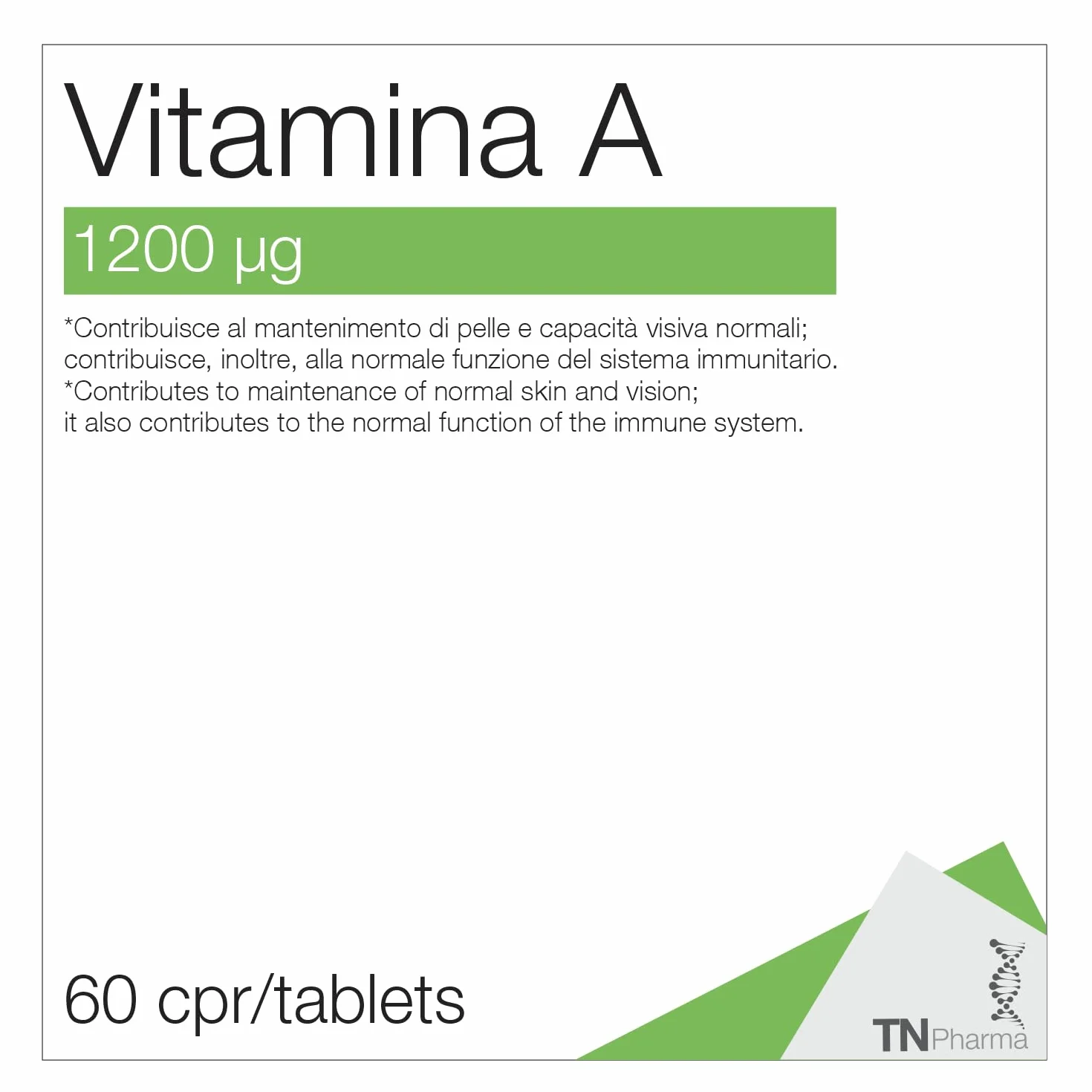 Tn Pharma Vitamina A, 1200 µg, 60 Compresse, Integratore Alimentare, Senza Glutine e Lattosio, Per Sistema Immunitario, Vista e Pelle