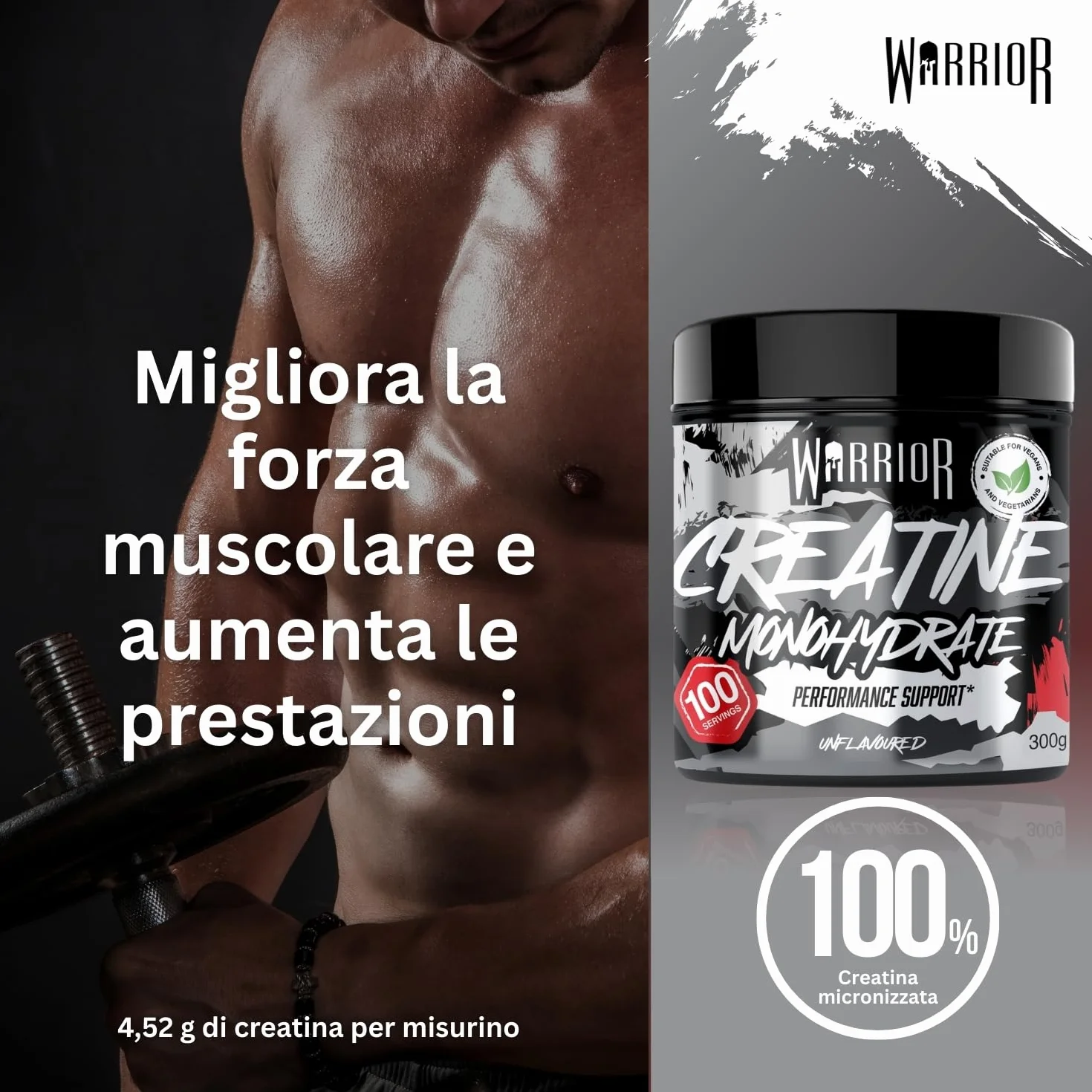 Warrior Creatina Monoidrata in Polvere 300 g Creapure Micronizzata per Massa Muscolare e Forza