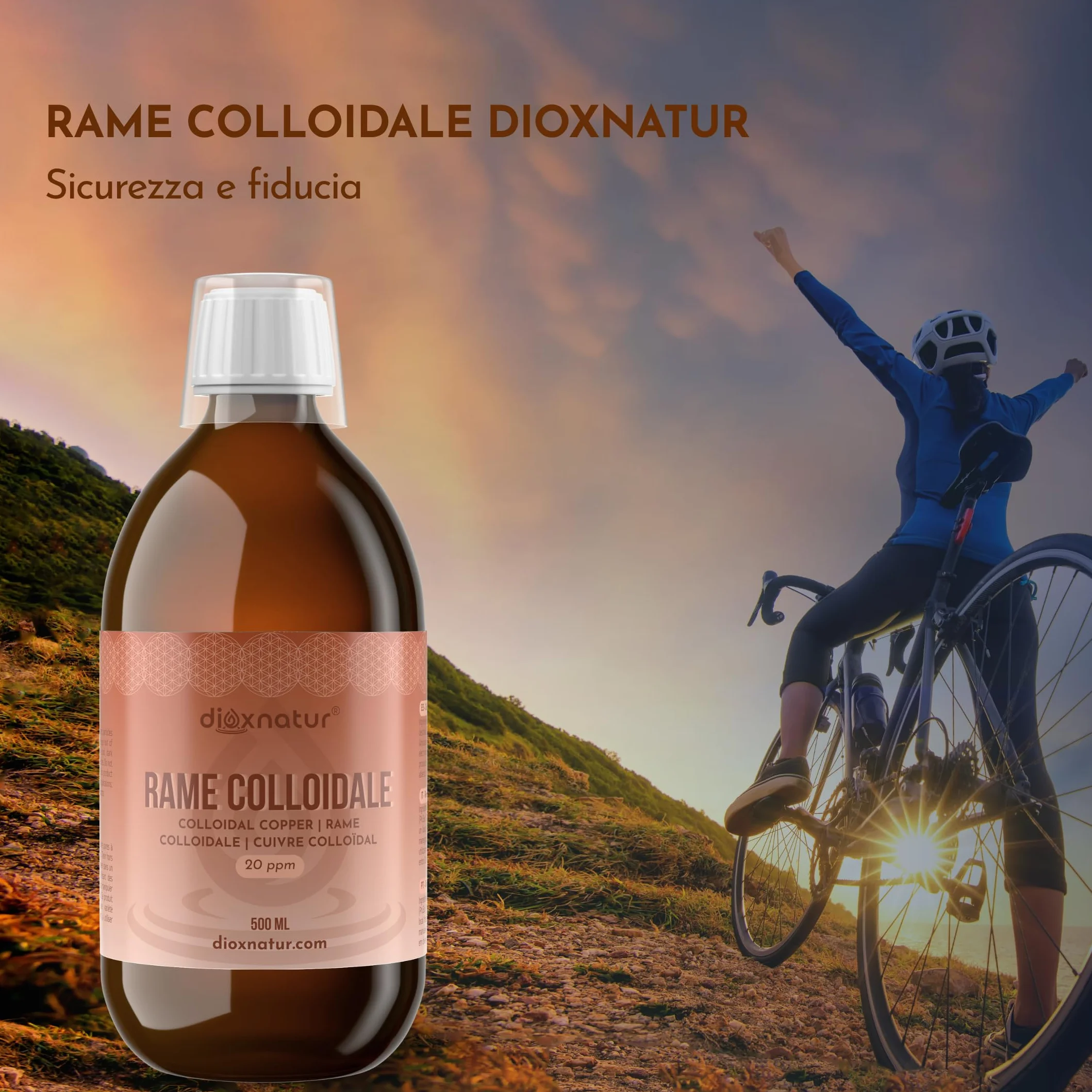 Rame Colloidale 500 ml - 20 ppm - 99,99% Purezza - Soluzione Liquida con Acqua Bidistillata - Flacone Vetro Ambra con Bicchierino Graduato
