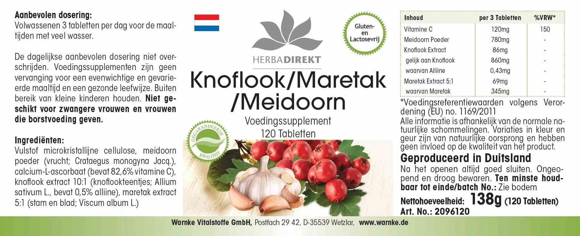 Biancospino vischio d'aglio - 120 compresse con vitamina C, altamente dosato, vegano | HERBADIREKT by Warnke Vitalstoffe - Qualità da farmacia tedesca