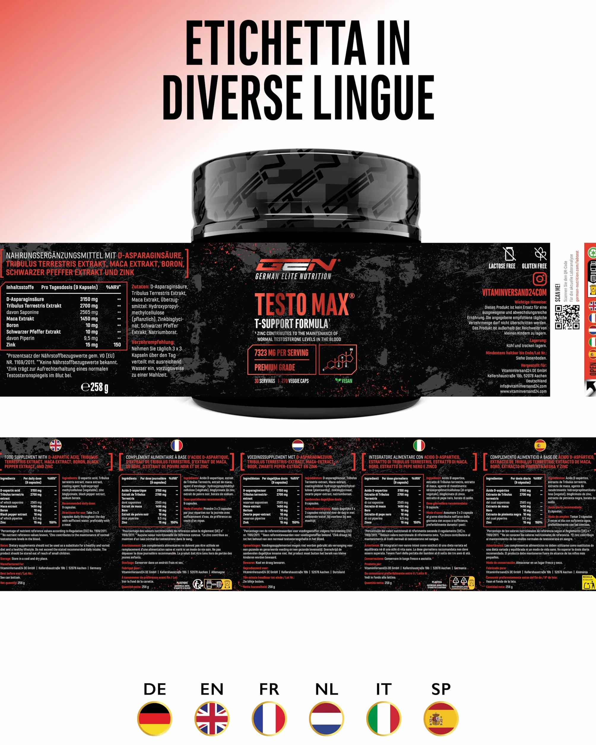 Testo MAX® - 270 Capsule - Extra Alto Dosaggio con 7323 mg per Dose Giornaliera - con Acido D-Aspartico - Tribulus - Estratto di Maca - Boro - Zinco - Aminoacidi - Vegano