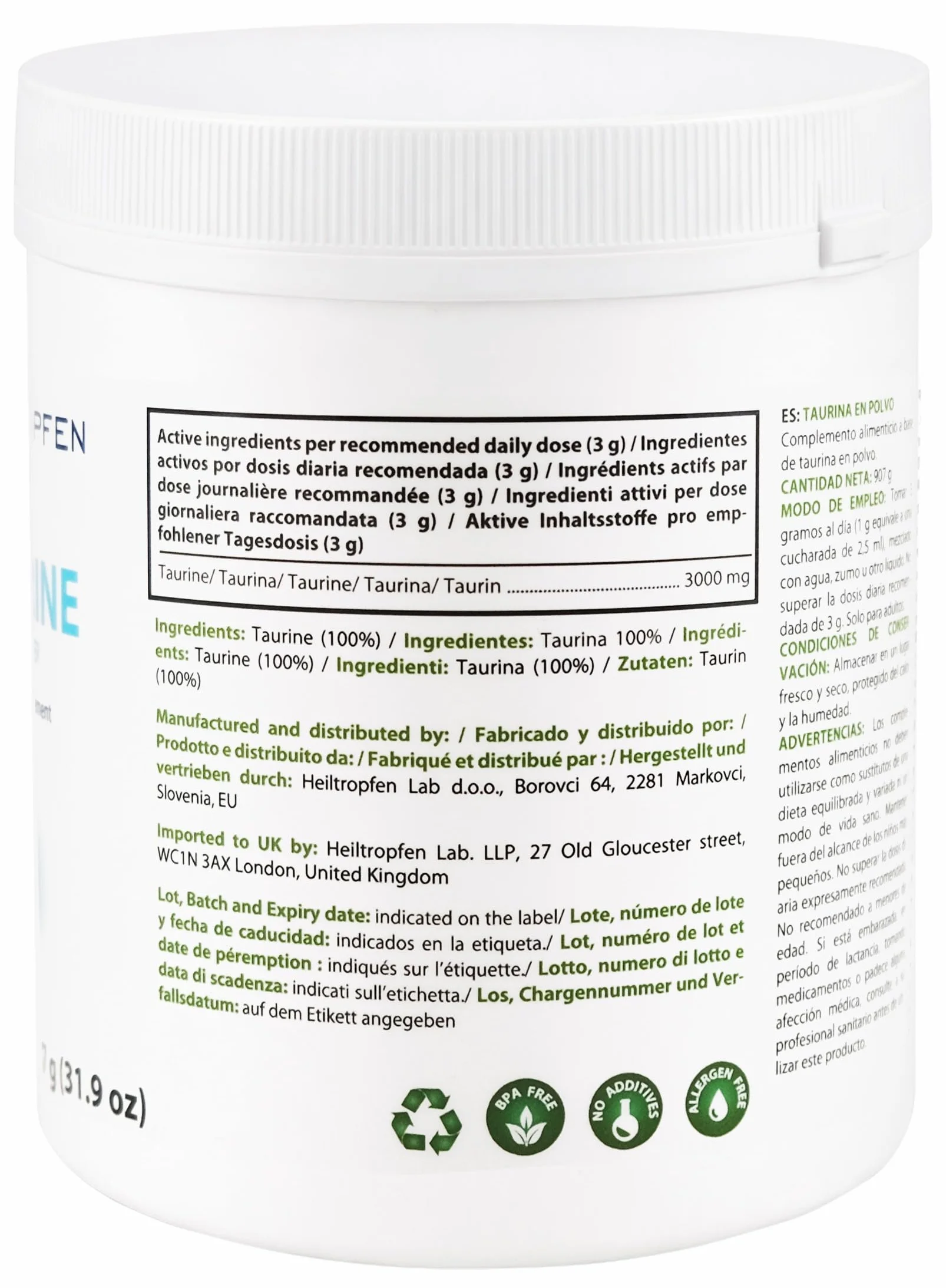 Taurina in Polvere | 907 g | Polvere Pura al 100% | Senza Aroma | Singolo Ingrediente | Senza Capsule | Integratore Alimentare |