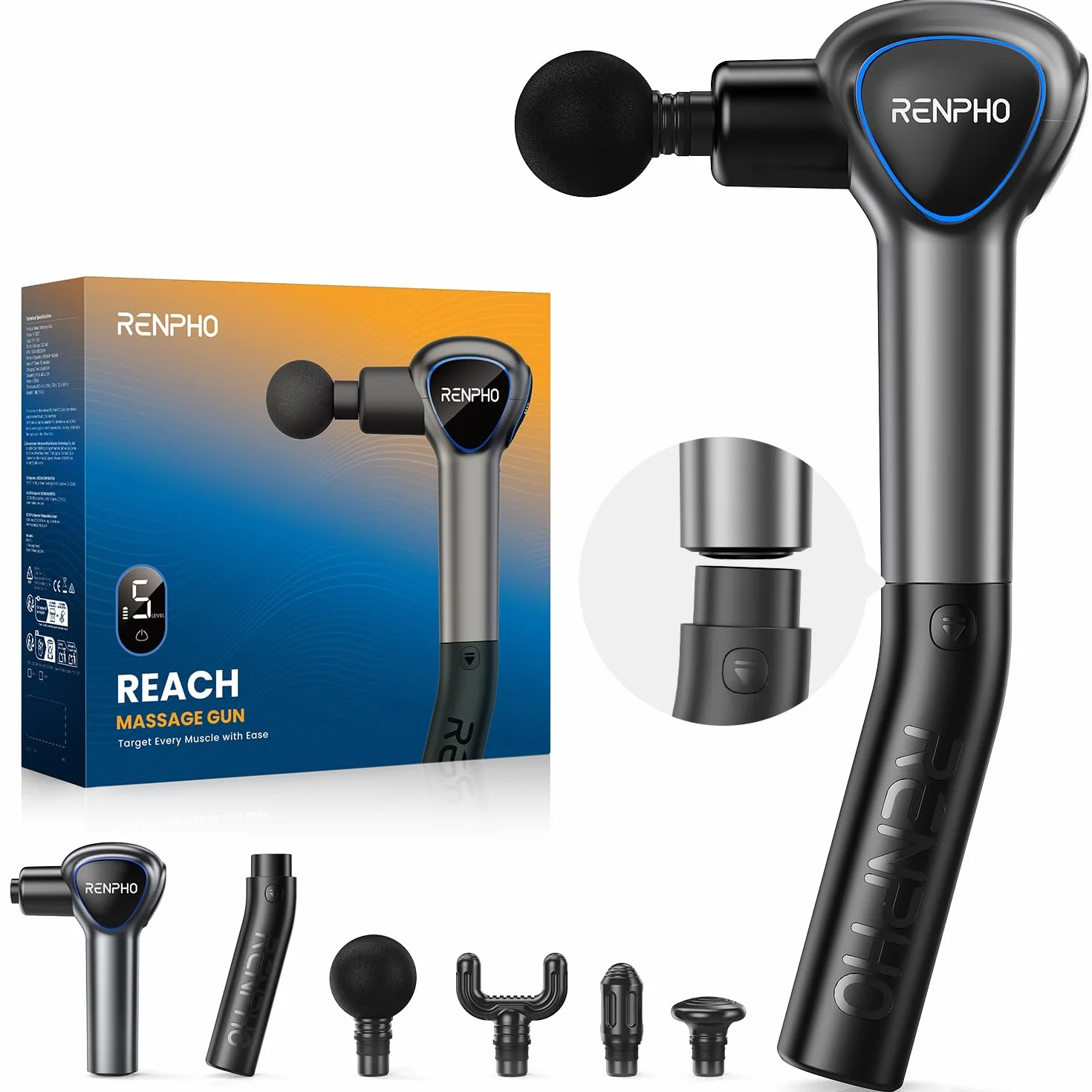 Pistola Massaggio Muscolare con Manico Staccabile, RENPHO Reach pistola per massaggi, 5 velocità, 4 testine massaggianti, LED, 2 in 1 Massaggiatore a Percussione Profonda, Nero