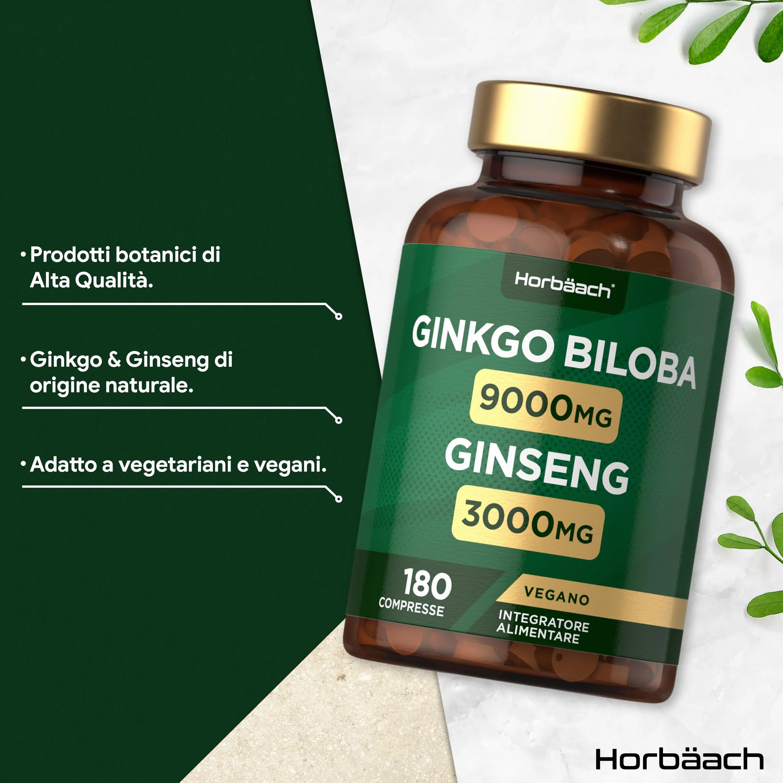 Ginkgo Biloba e Ginseng Integratore 12000mg | 180 Compresse Vegane | Ginkgo 9000 mg e Radice di Ginseng Coreano 3000 mg | di Horbaach