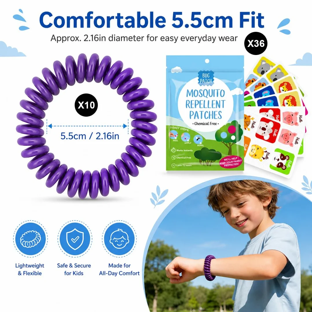 Bracciali Antizanzare a Spirale Set 10 + 36 Cerotti, Oli Essenziali Naturali, Senza DEET per Famiglia e Bambini