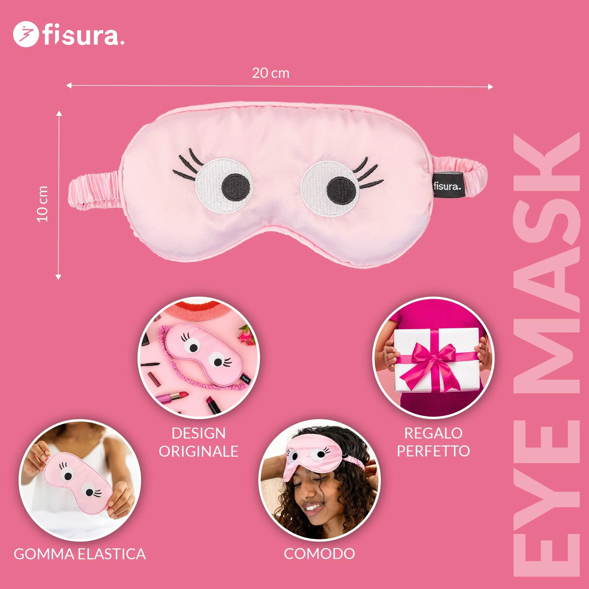 Mascherina da notte rosa con design occhi 20x10 cm fascia elastica