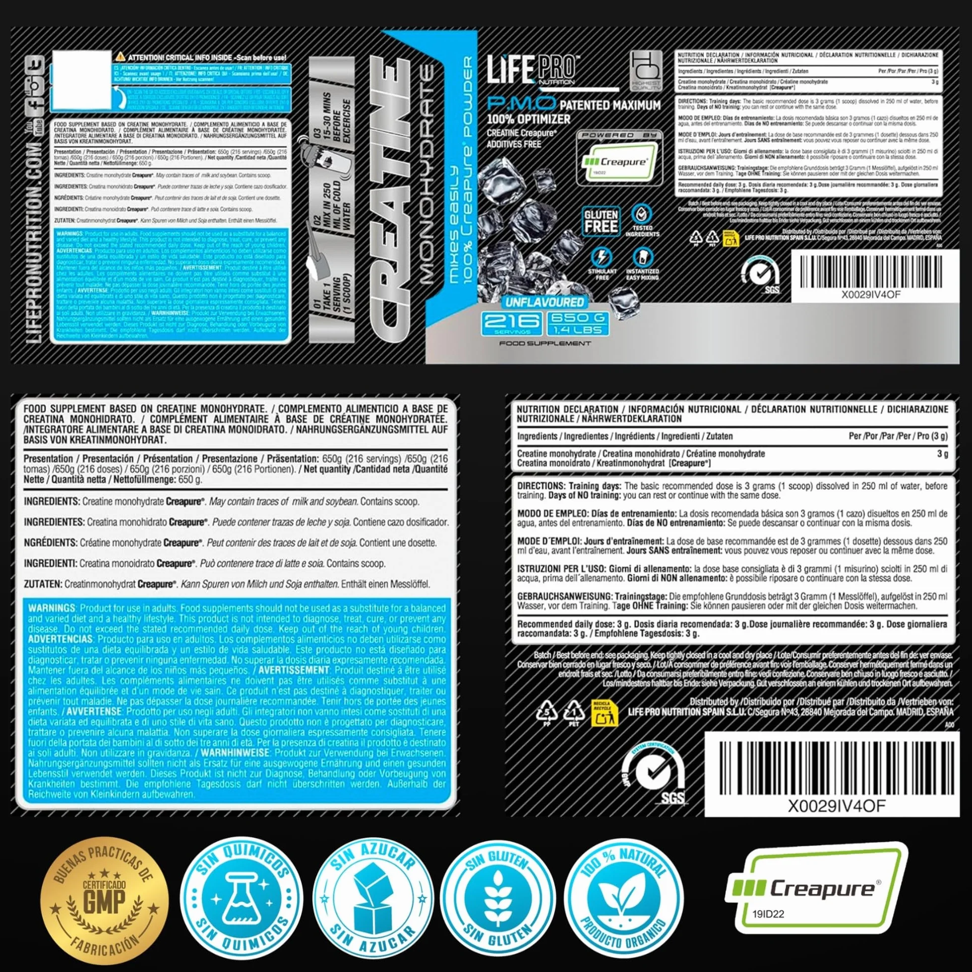 Life Pro Creatina Monoidrata Creapure® 650 G – Creatina Creapure Pura e Micronizzata – Gusto Neutro – Fino a 216 Dosi – Senza Glutine – Supporto alle Prestazioni in Palestra