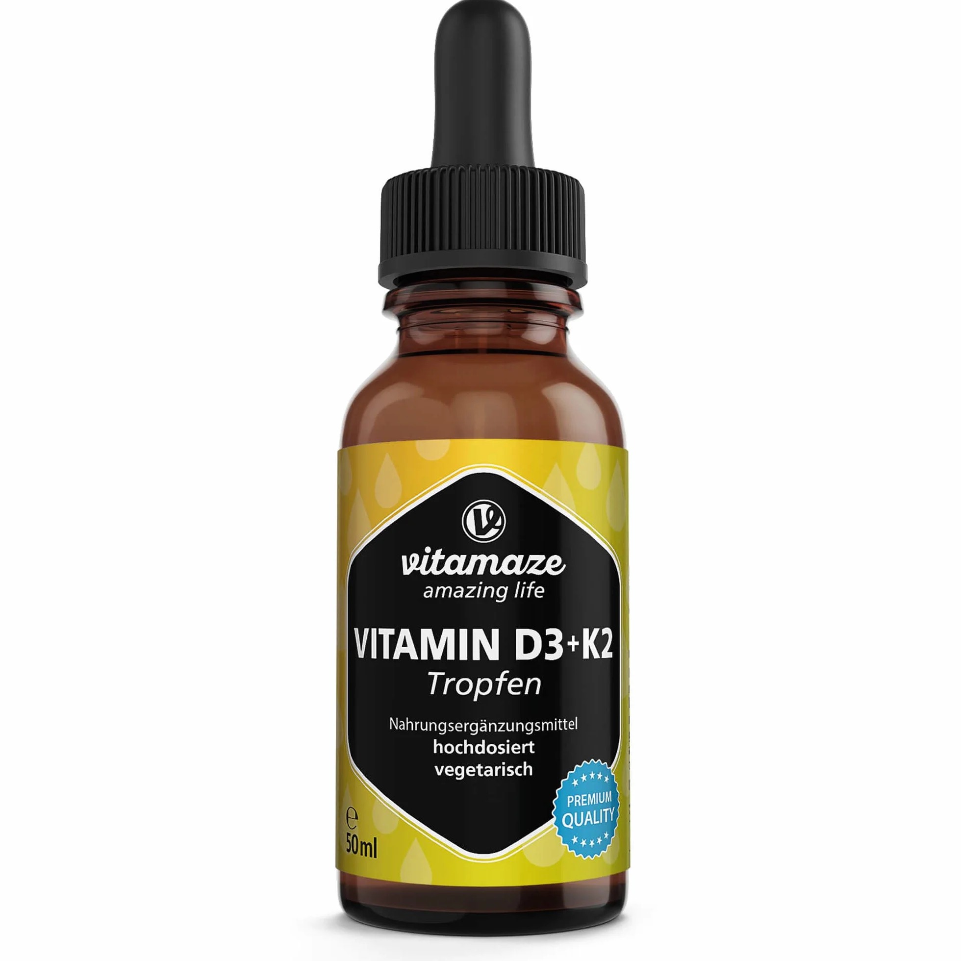 Vitamina D3 + K2 Gocce, 1000 UI ad Alta Dose, Vegetariano & Liquido (99,7+% All-Trans MK-7), 50 ml (1700 Gocce), Elevata Biodisponibilità, Nessun Additivo Inutile, Vitamaze