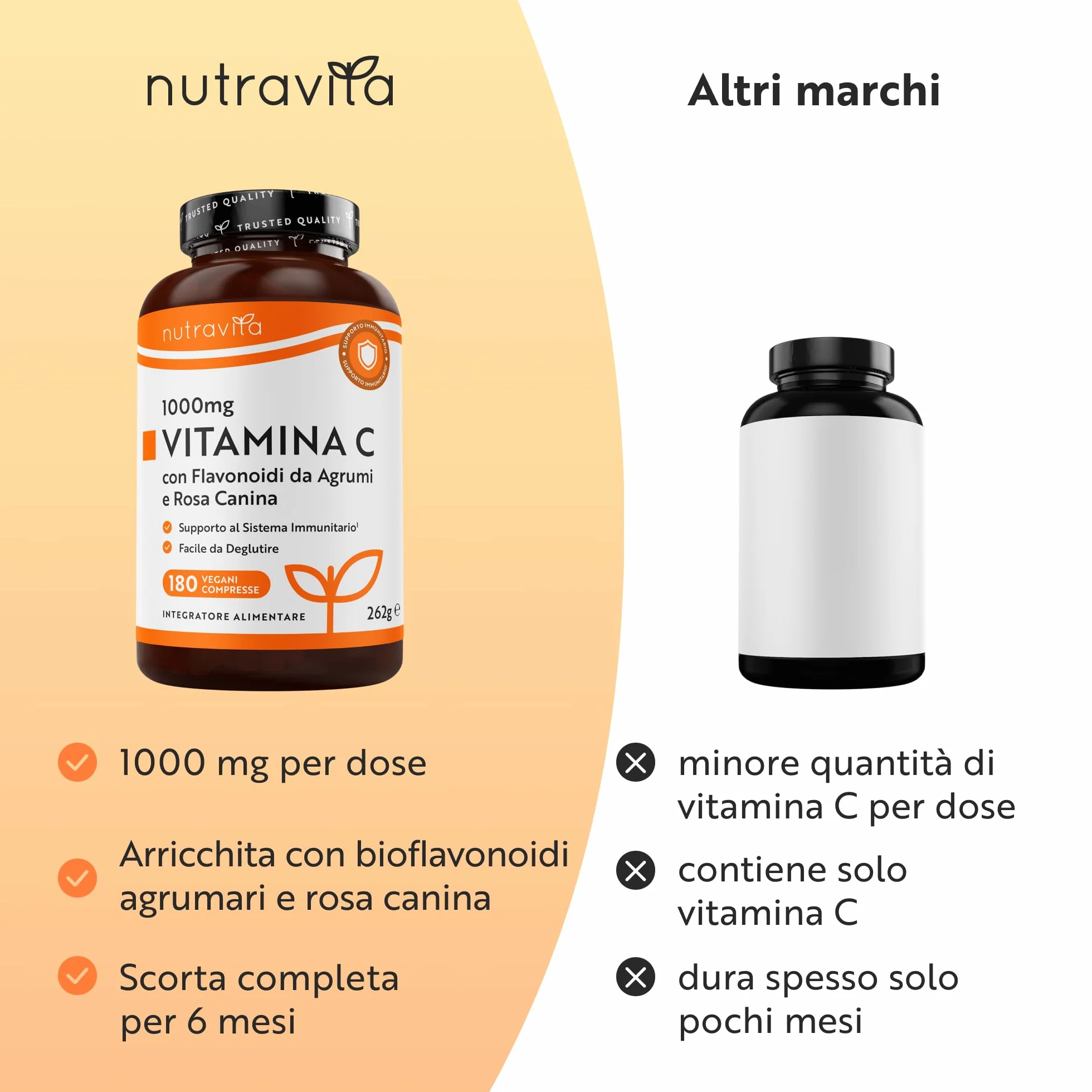 Nutravita Vitamina C 1000mg 180 Compresse con Rosa Canina e Flavonoidi - Acido Ascorbico Vegan
