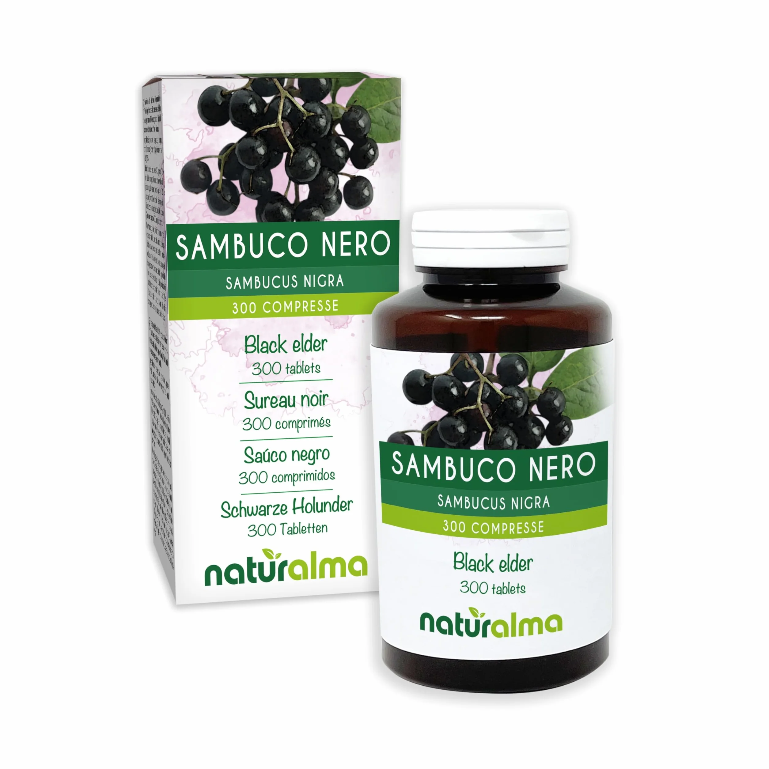 Sambuco nero (Sambucus nigra) fiori e frutti Naturalma - 150 g - 300 compresse - Integratore alimentare - Naturale e Vegano