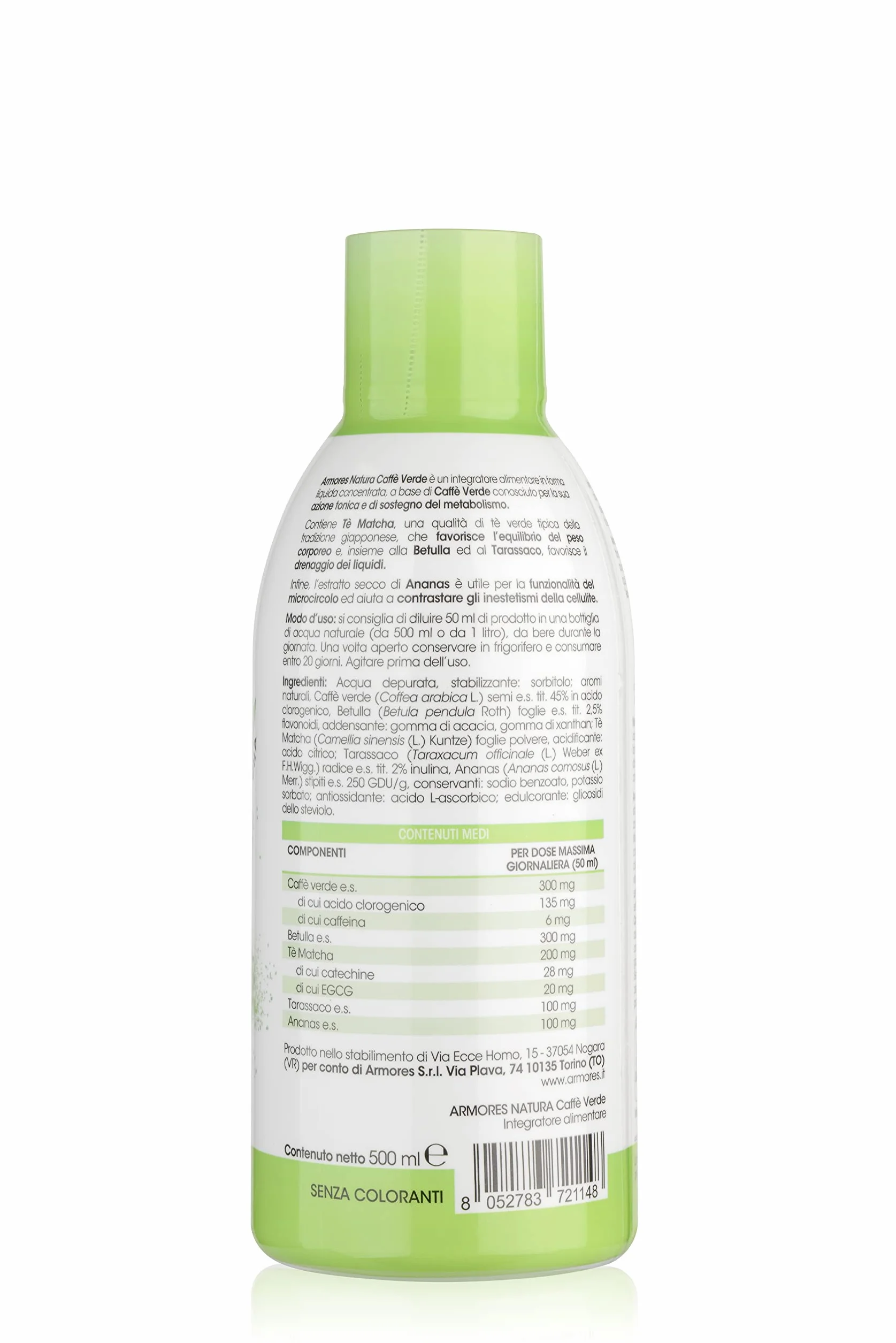 Armores Natura Integratore Alimentare Caffè Verde Betulla Tarassaco Ananas Tè Matcha Vegano Senza Glutine Lattosia Flacone 500ml