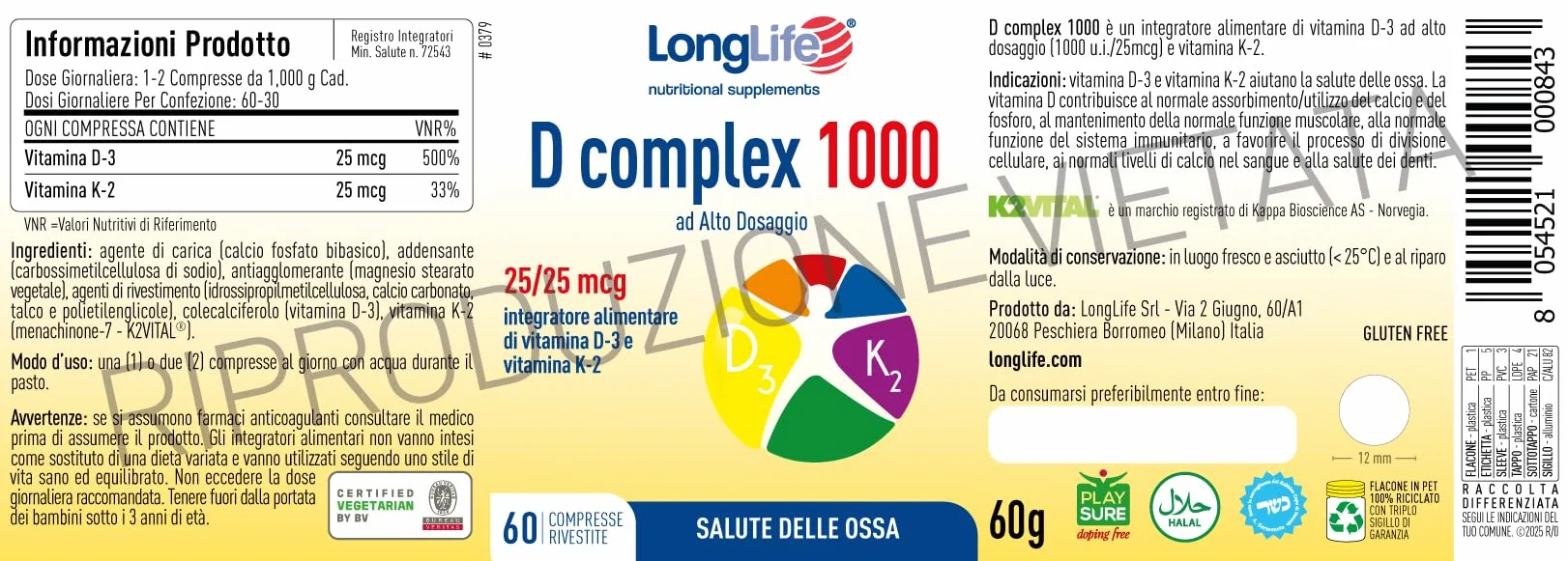 LongLife® D complex 1000 | Integratore vitamina D3 e vitamina K2 naturale | Alto dosaggio | Benessere delle ossa | Difese immunitarie | Fino a 2 mesi di trattamento | Senza glutine e doping free