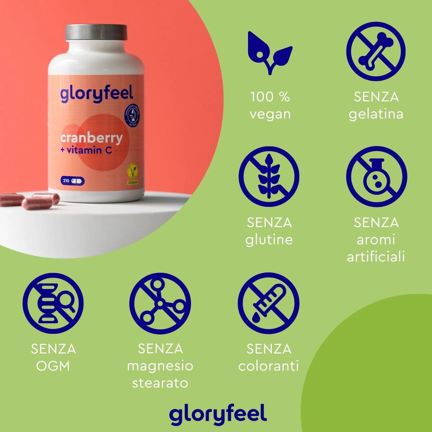 Cranberry Capsule 210 con Estratto di Mirtillo Rosso + Vitamina C, Integratore ad Alto Dosaggio per Vie Urinarie, Vegan