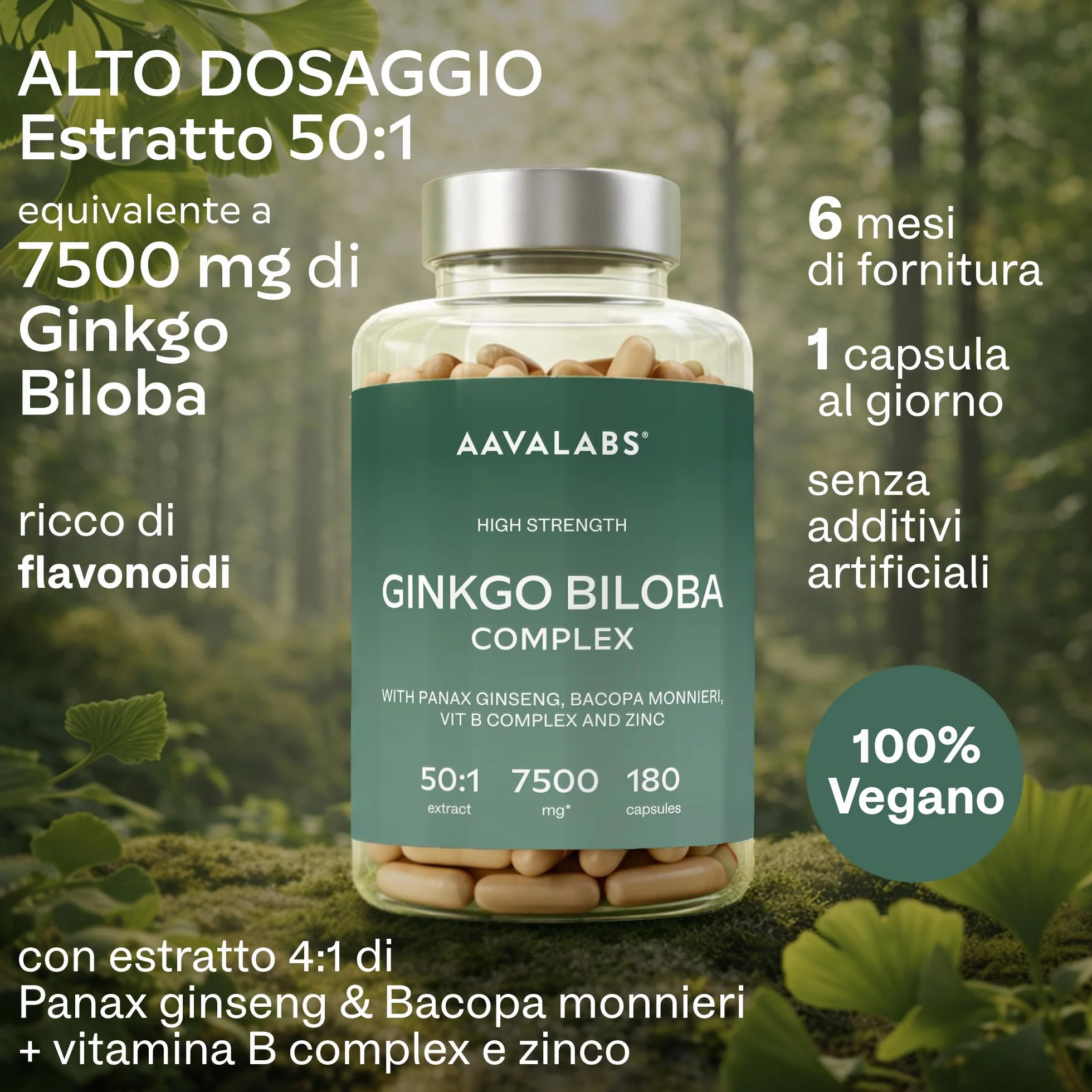 Ginkgo Biloba Integratore 7500mg 50:1 con Ginseng Rosso Coreano, Bacopa Monnieri, Vitamina B Complex, Zinco - Nootropico Memoria e Concentrazione - 180 capsule