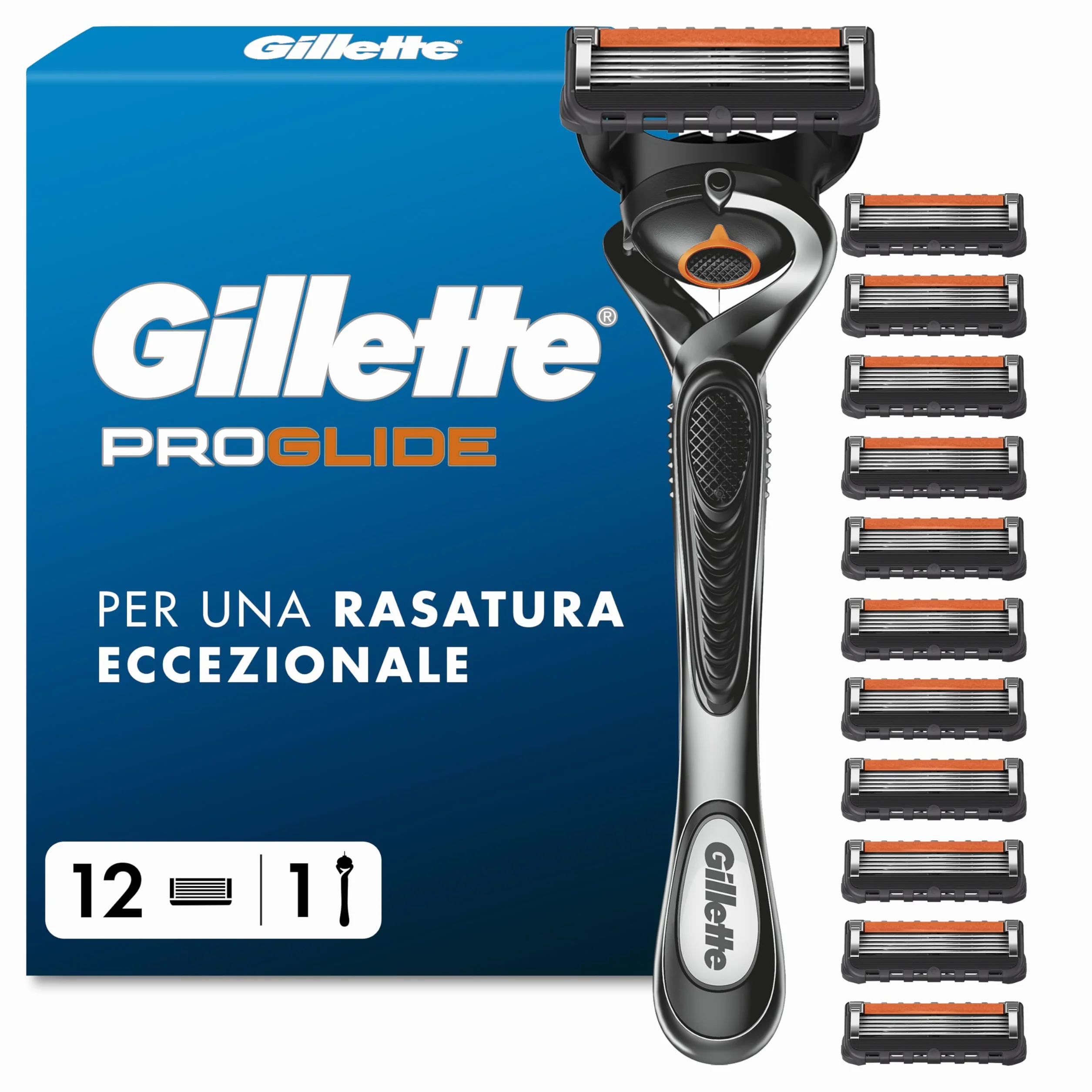 Gillette Proglide 1 Rasoio Barba Manuale e 12 Lamette Gillette Proglide di Ricambio a 5 lame per Rasatura Profonda Uomo, Lame di Precisione per Rasoio Manuale Uomo