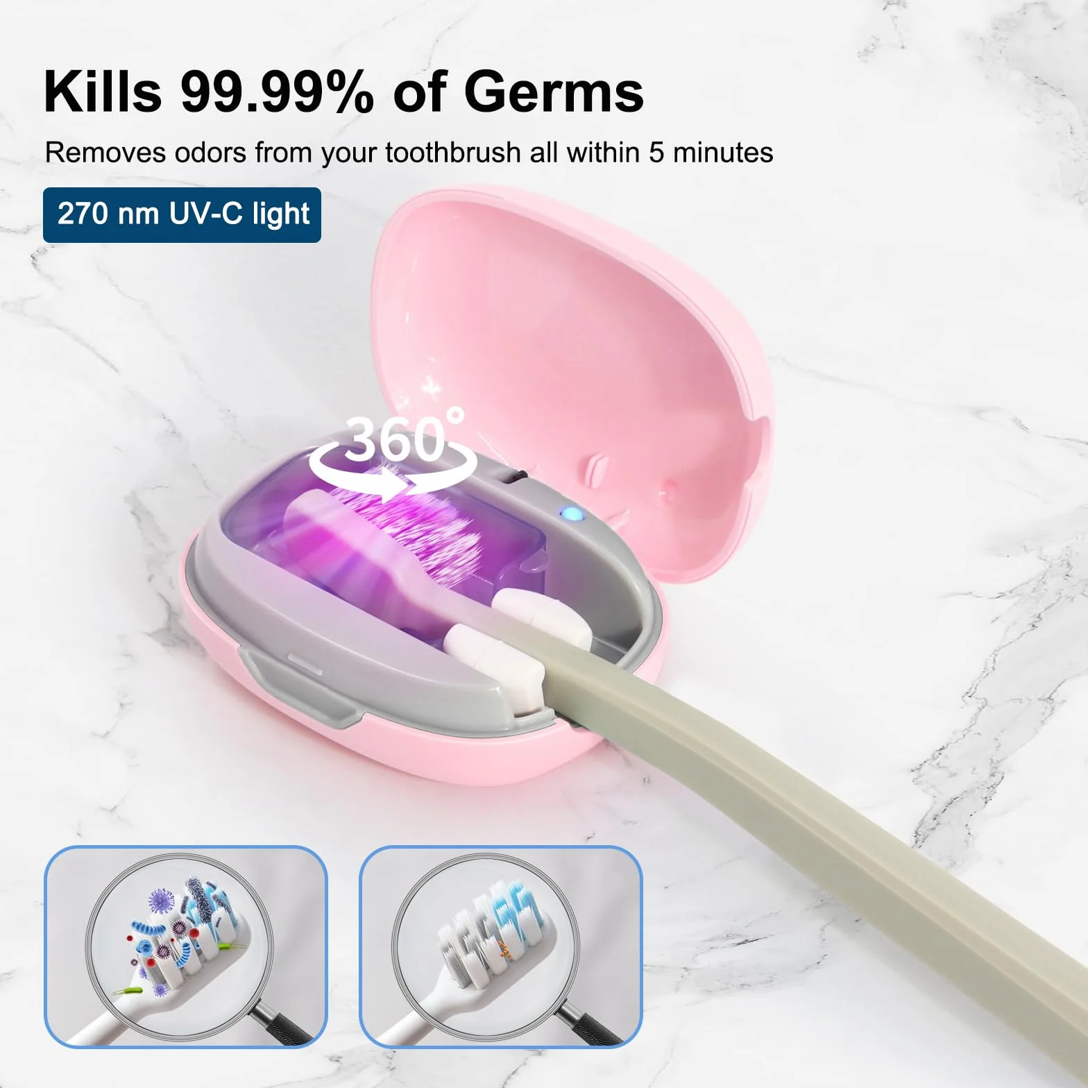 Custodia per spazzolino disinfettante UV, mini portaspazzolino portatile, sterilizzante, rosa, adatta a tutti gli spazzolini elettrici e manuali