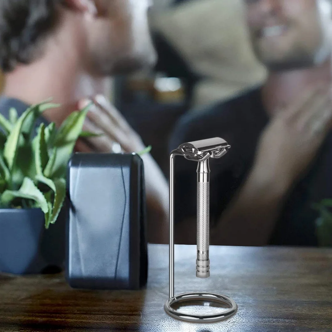 Linkidea Supporto per rasoio in acciaio inox, elegante supporto da viaggio per rasoio da uomo, compatibile con rasoi di sicurezza a manico lungo, Fusion 5, ProShield e serie NFL (argento/cromo lucido)