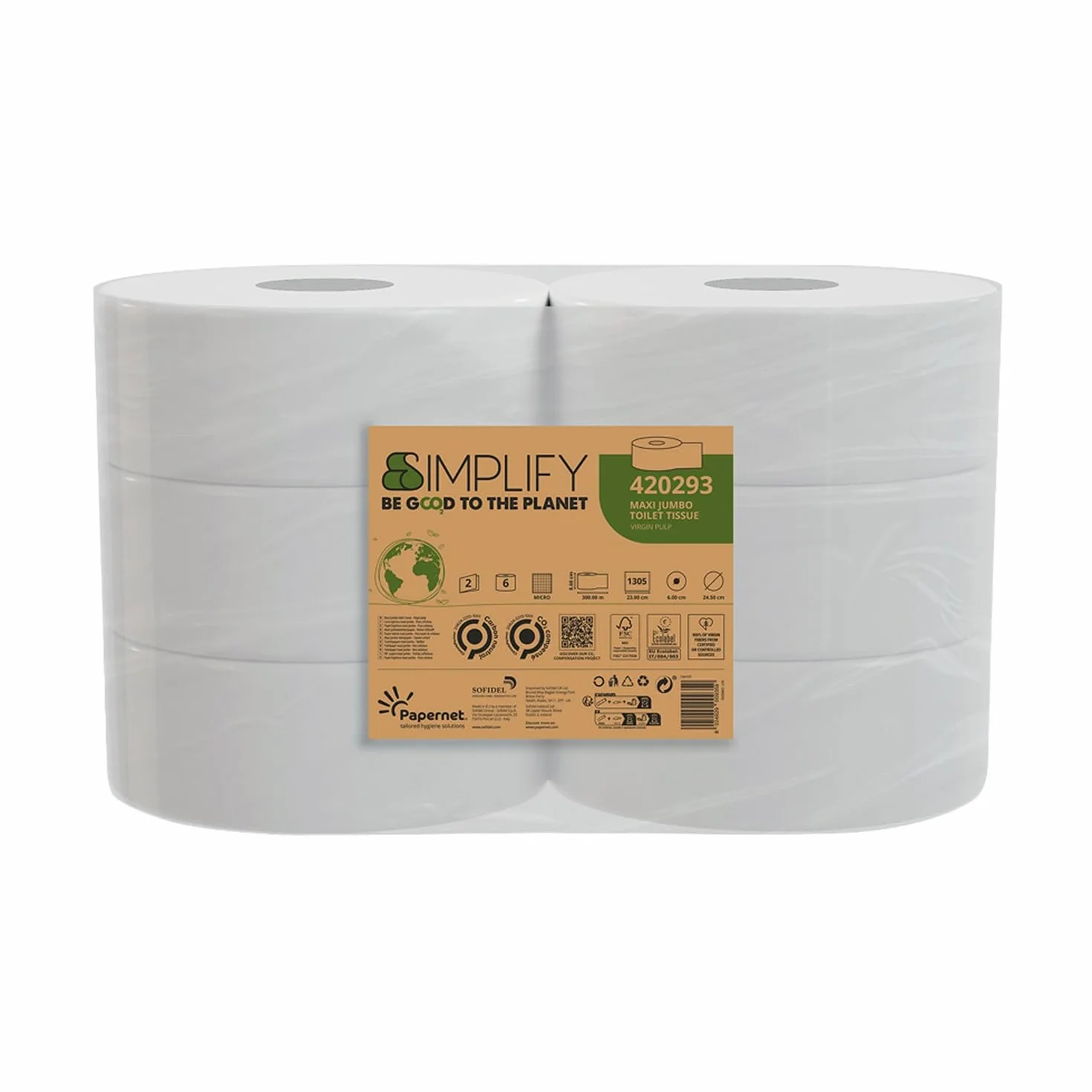 Papernet Simplify Carta Igienica Maxi Jumbo 6 Rotoli 300m 2 Veli 7.830 Servizi 8,6x23cm Goffratura Micro Bianca