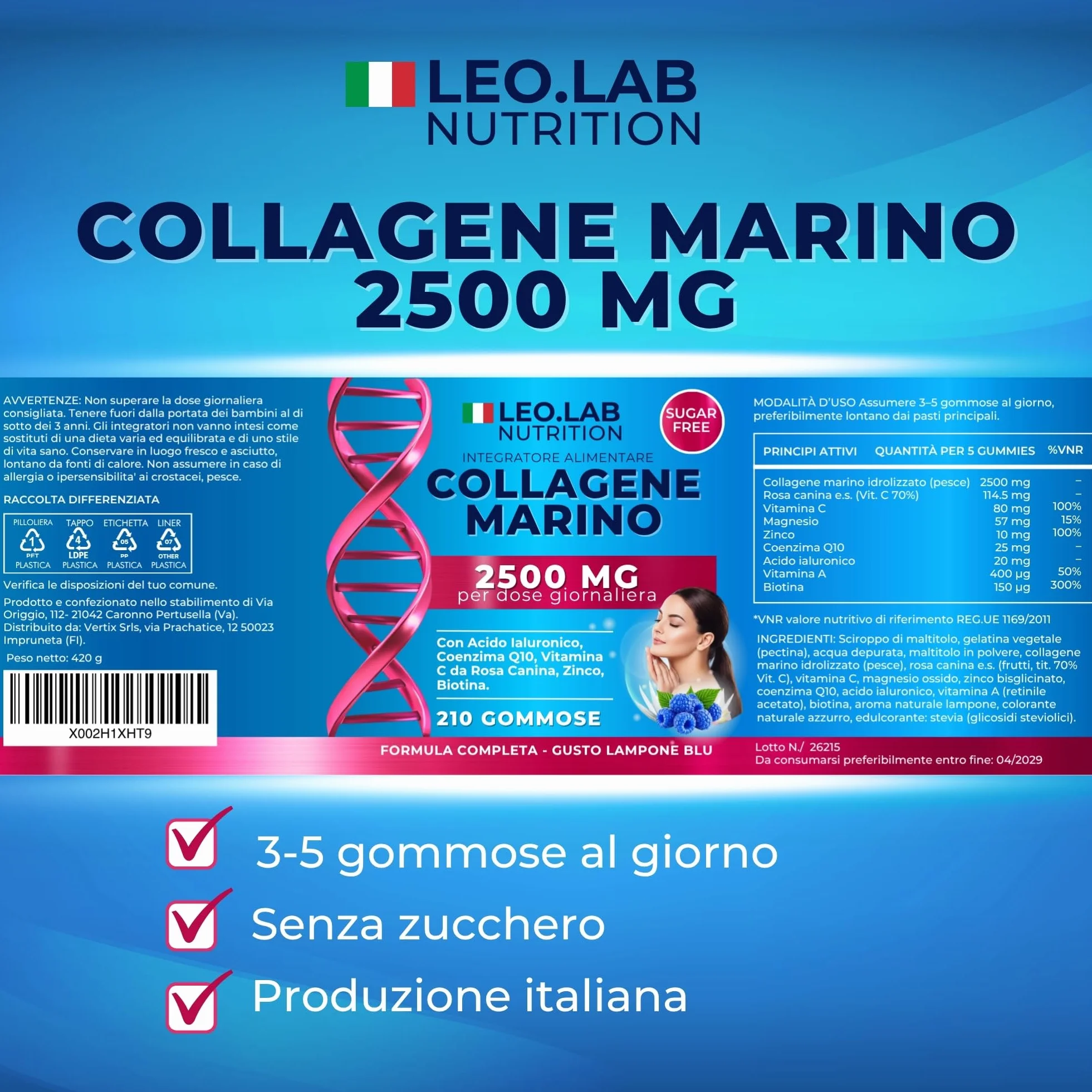Collagene Marino con Acido Ialuronico 2500mg 210 Gummies - Vitamina C, A, Zinco, Q10 per Pelle, Capelli e Unghie