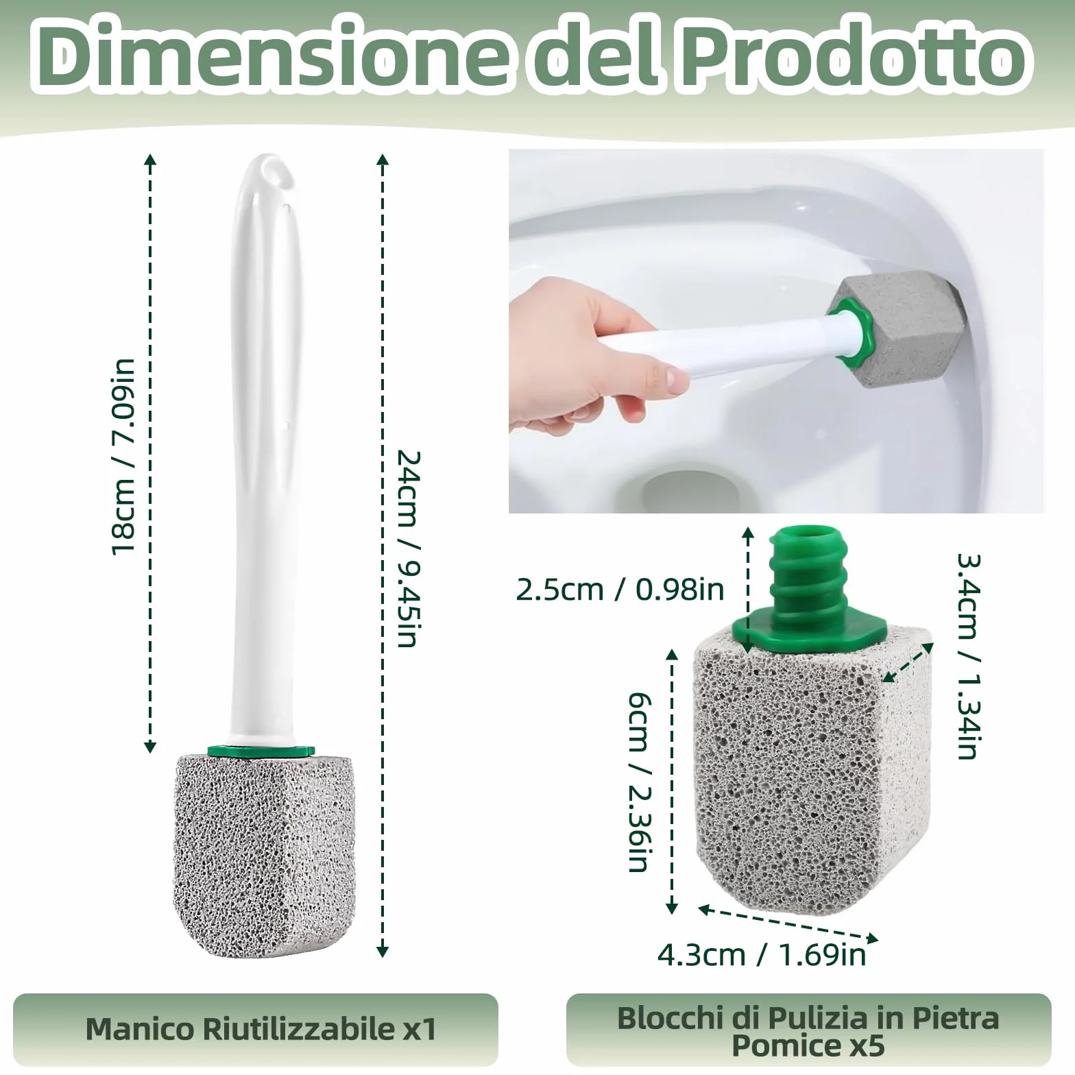 Pietra Pomice per WC 5 Pezzi con Manico Riutilizzabile - Disincrostante Calcare e Urina Ostinate