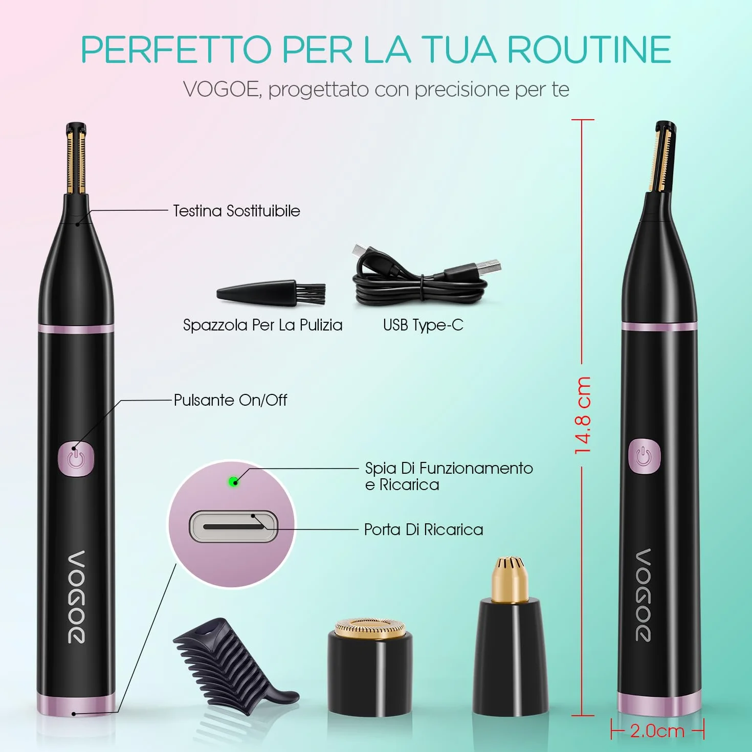 VOGOE Regolatore Sopracciglia Elettrico 3-in-1 per Donne, Epilatore Viso Donna Indolore, Ricaricabile e Portatile, per Labbra, Mento e Guance (Nero)