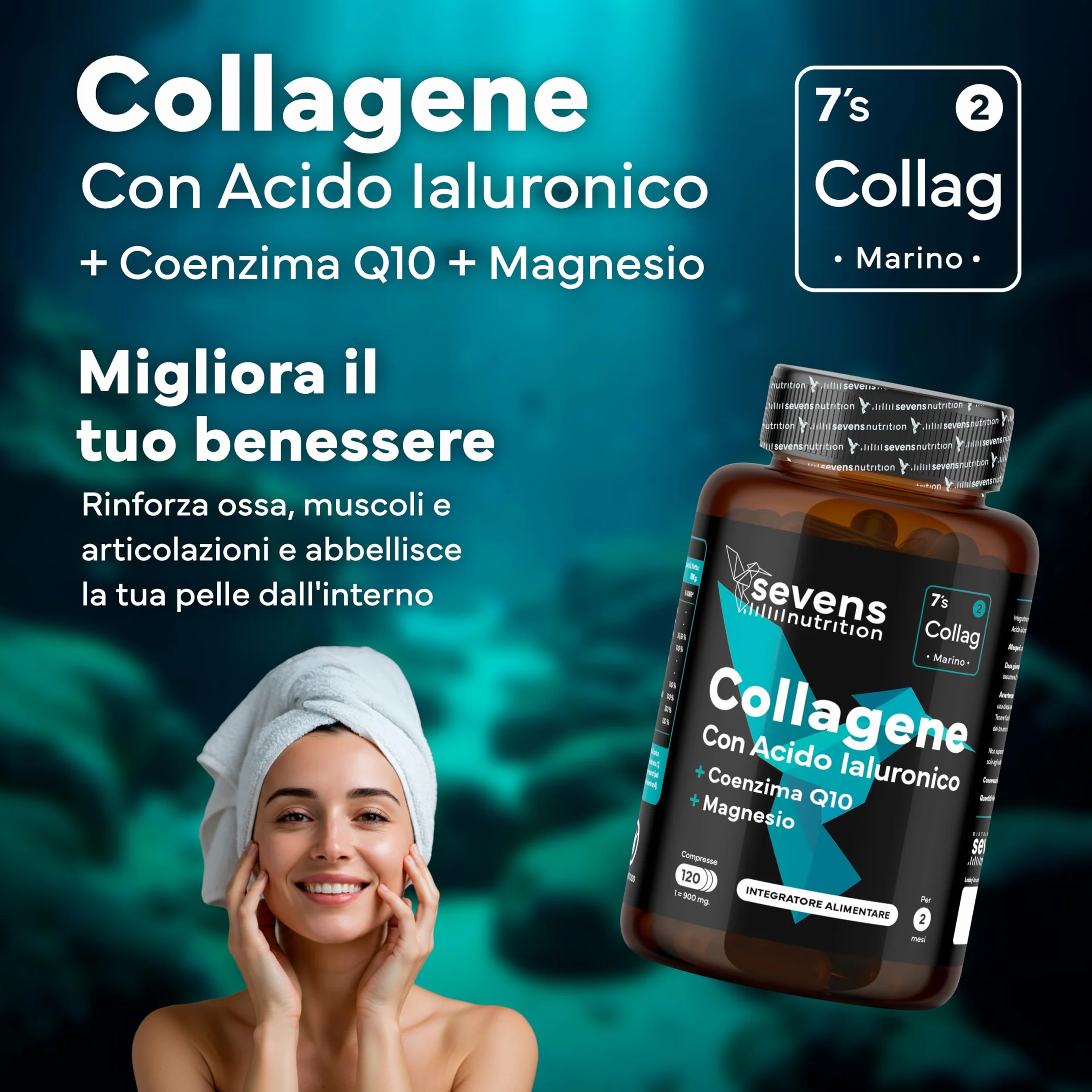 Collagene Marino con Acido Ialuronico Idrolizzato Puro - Integratore 120 Capsule – Pelle, Ossa e Articolazioni – Sevens