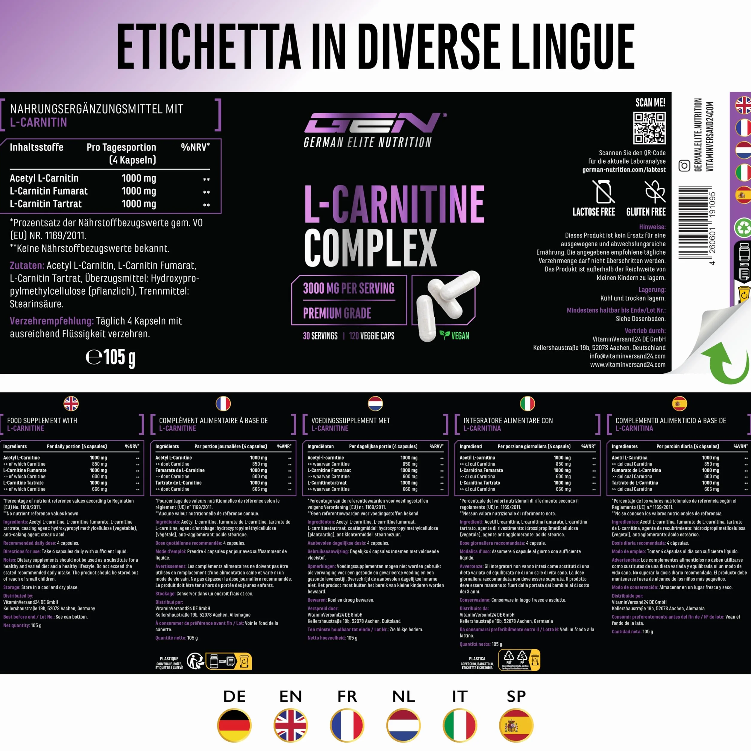 L-Carnitina Triplo Complesso 3000 mg per porzione giornaliera 120 capsule ad alto dosaggio vegano formula premium