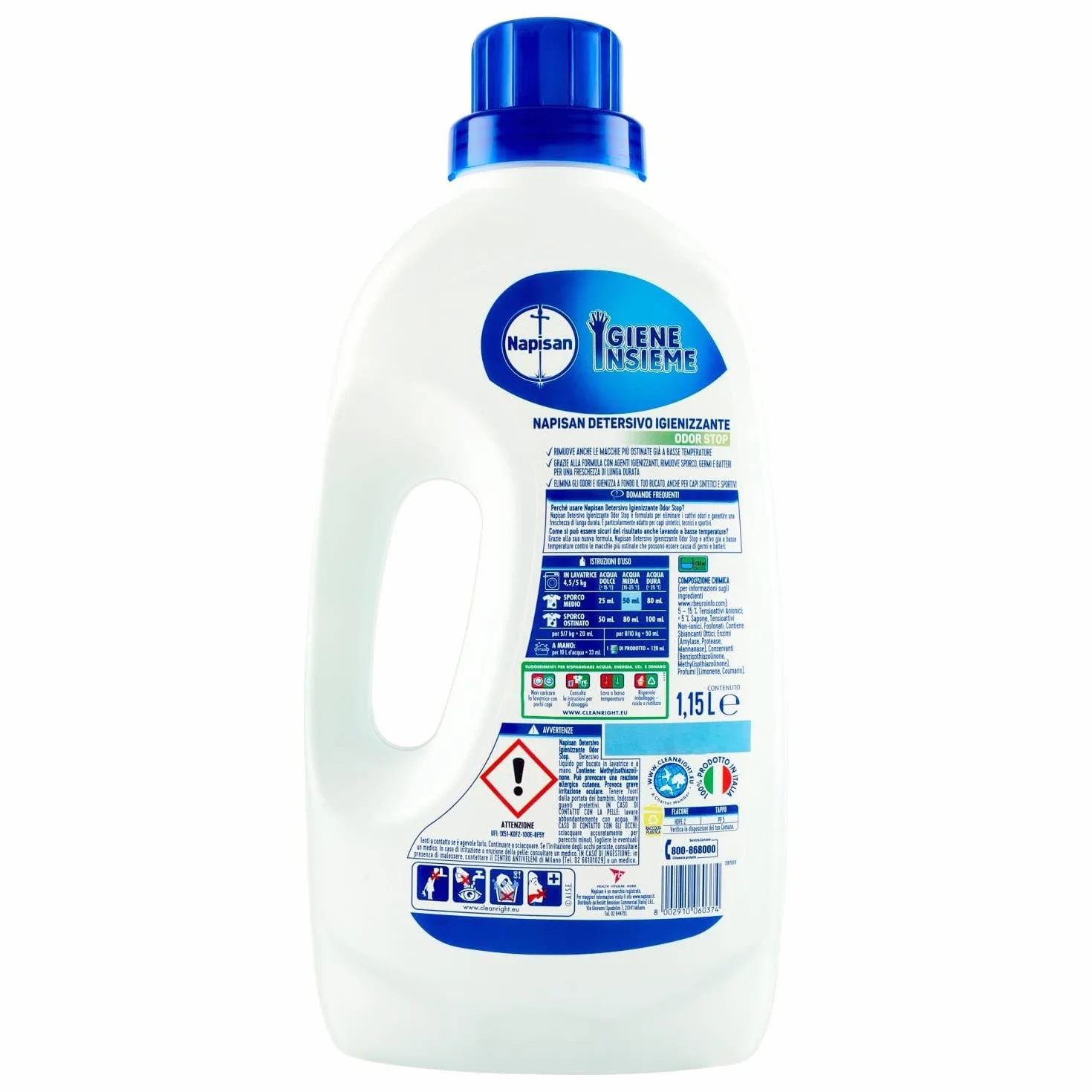 Napisan Detersivo Lavatrice Liquido Igienizzante Odorstop, 4 Confezioni da 1.15 l da 23 Lavaggi di Detersivo Lavatrice Liquido