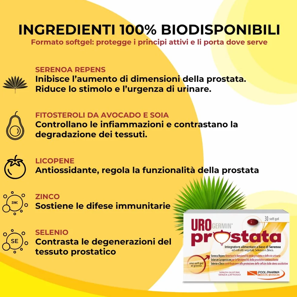 Urogermin Prostata 30 Capsule Molli - Integratore Prostata con Serenoa Repens 320 mg, Licopene, Selenio, Zinco, Fitosteroli
