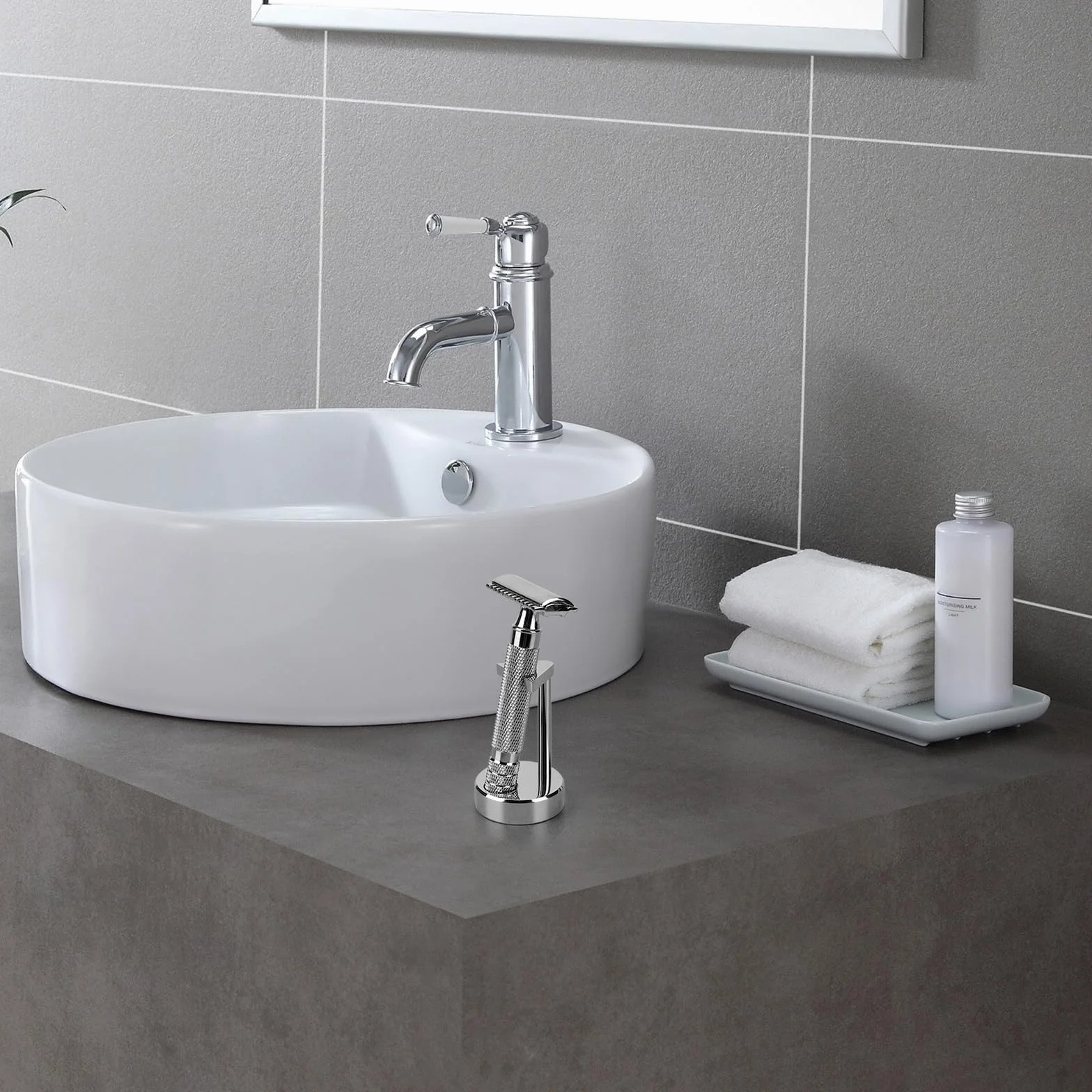 Linkidea Supporto per rasoio di sicurezza da uomo, compatibile con Vikings Blade the Chieftain, Merkur 34C, 700002, 23C, 38C, organizer per strumenti da barba per bancone del bagno (argento)