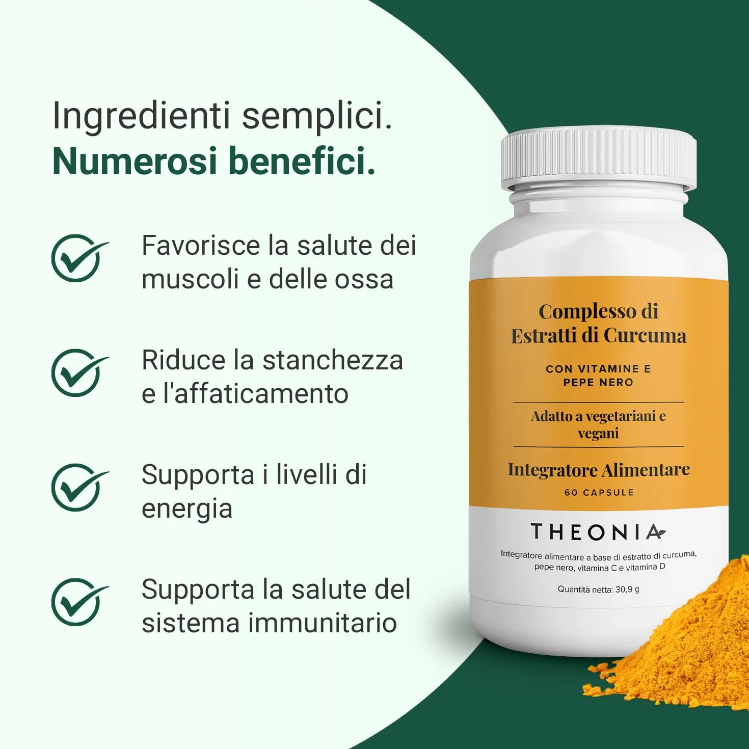 Theonia Curcuma Complesso con Vitamina D3 e C, Pepe Nero - 60 Capsule Vegane