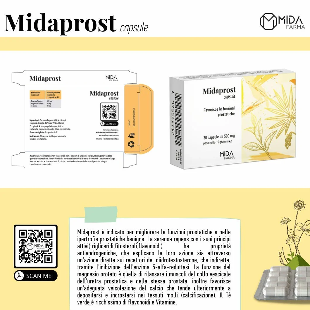 MIDAPROST Serenoa Repens Saw Palmetto 320 mg Tè Verde Magnesio 30 Capsule Prostata Ingrossata Ipertrofia Prostatica Benigna Prostatite