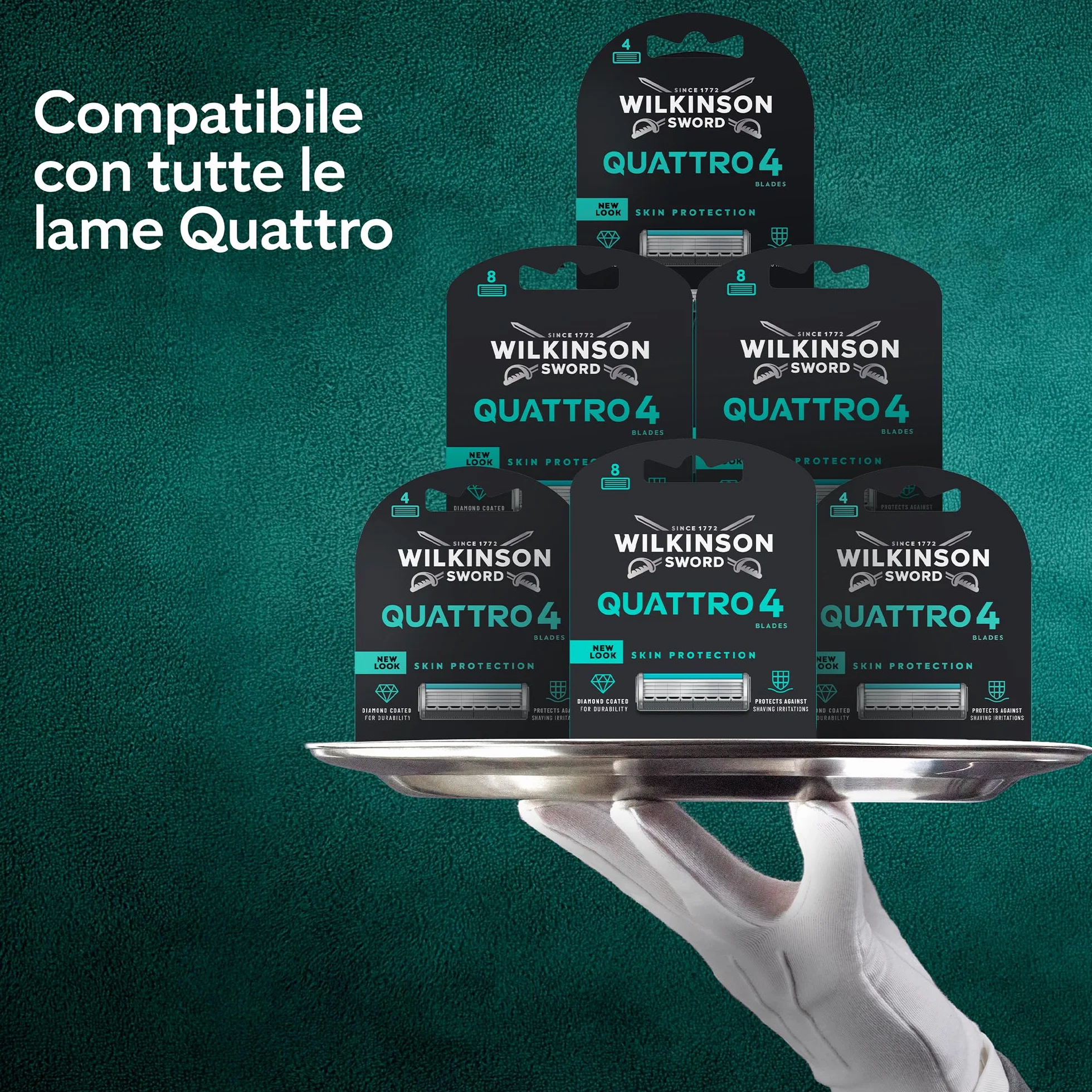Wilkinson Sword Quattro, set di ricariche, 4 lame rivestite in diamante, 8 ricariche