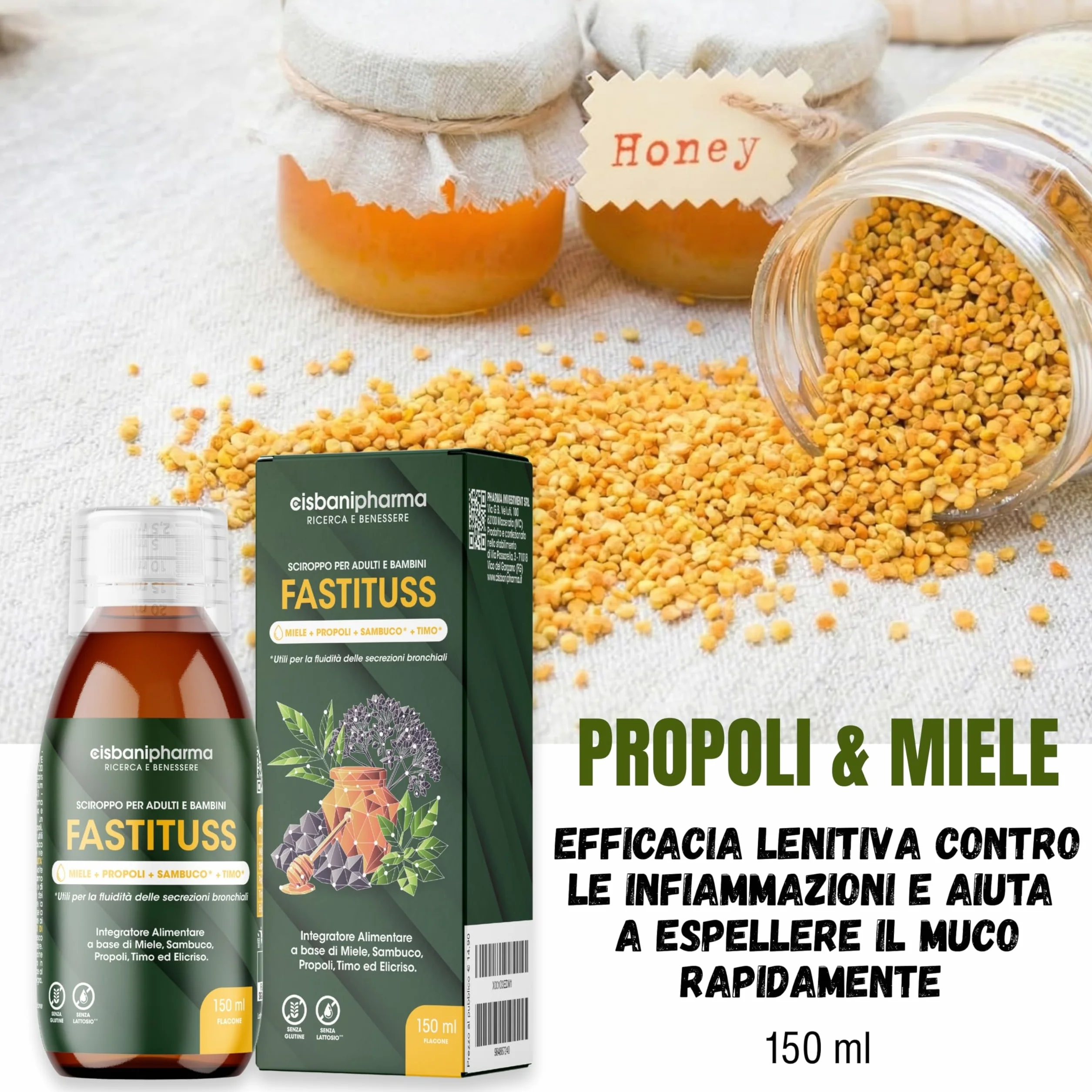 CISBANI PHARMA Sciroppo tosse secca e grassa e mal di gola a base di Sambuco, Miele, Propoli, Timo ed Elicrisio - Emolliente e lenitivo - Flacone 150 ml, per Adulti e Bambini